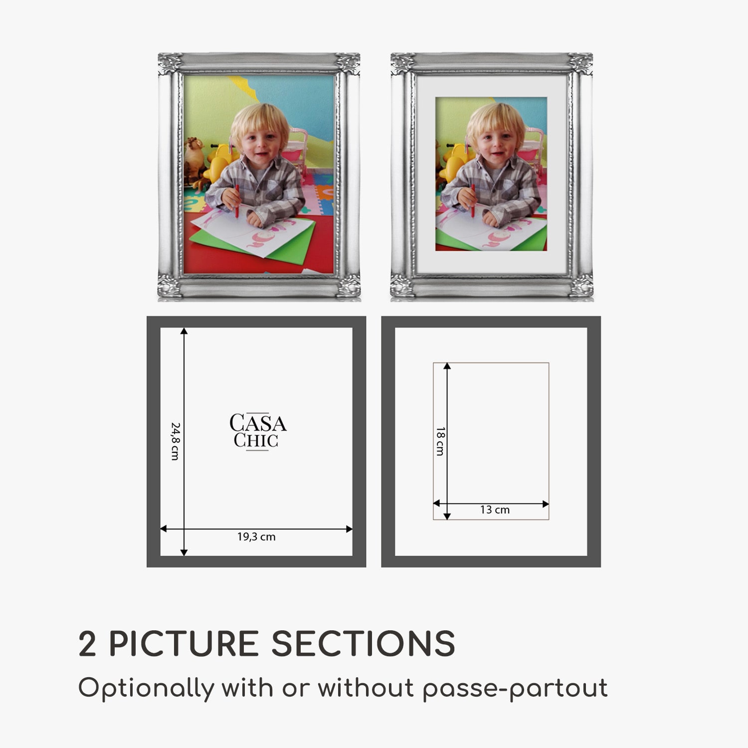 Regent Picture Frame Rectangular 25 x 20 cm Photos Passe-partout Glass Rococo Silver