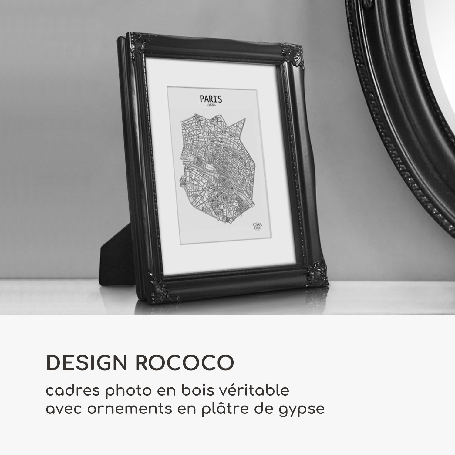 Regent cadre photo rectangulaire 25 x 20 cm photos passe-partout verre rococo Noir