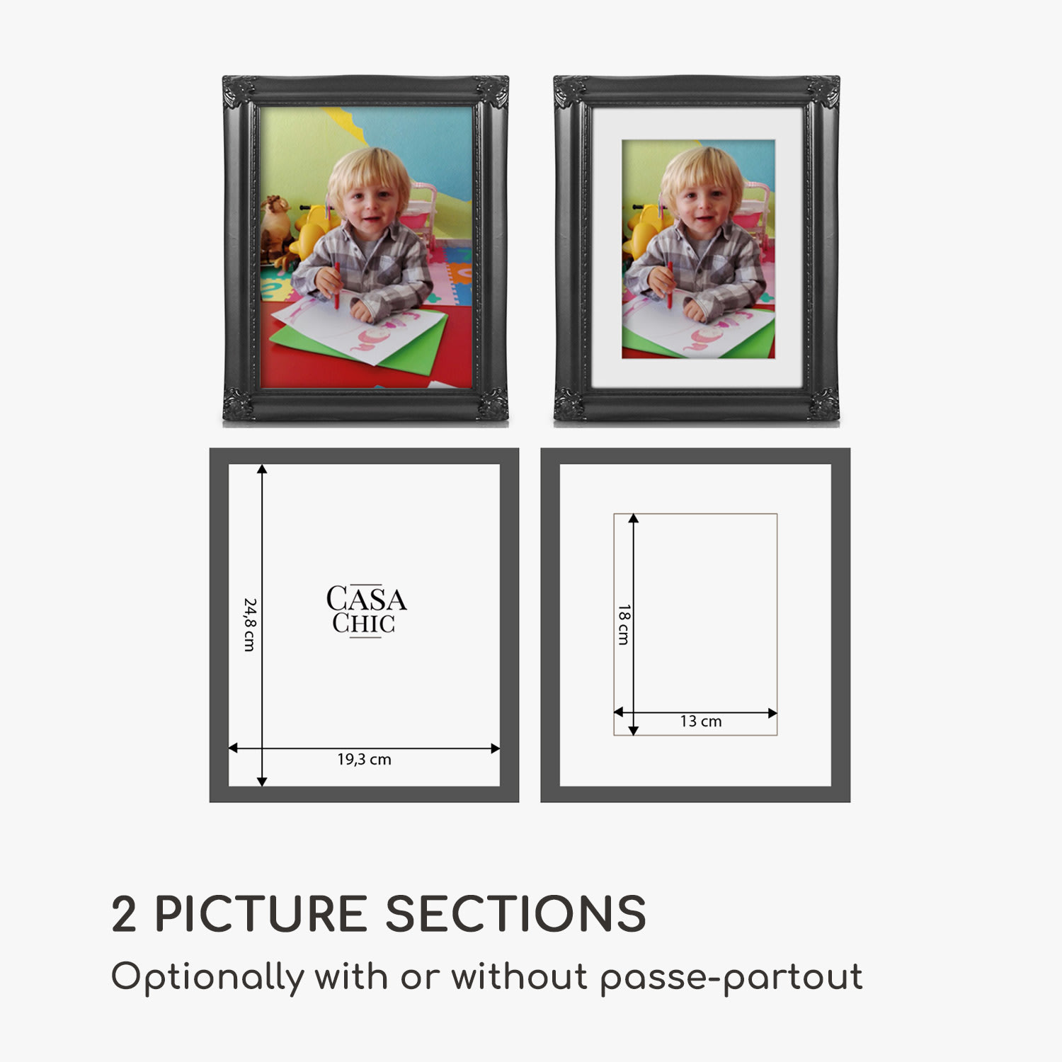 Regent, рамка за картина, правоъгълна, 25 × 20 cm снимки, паспарту, стъкло, рококо Черно