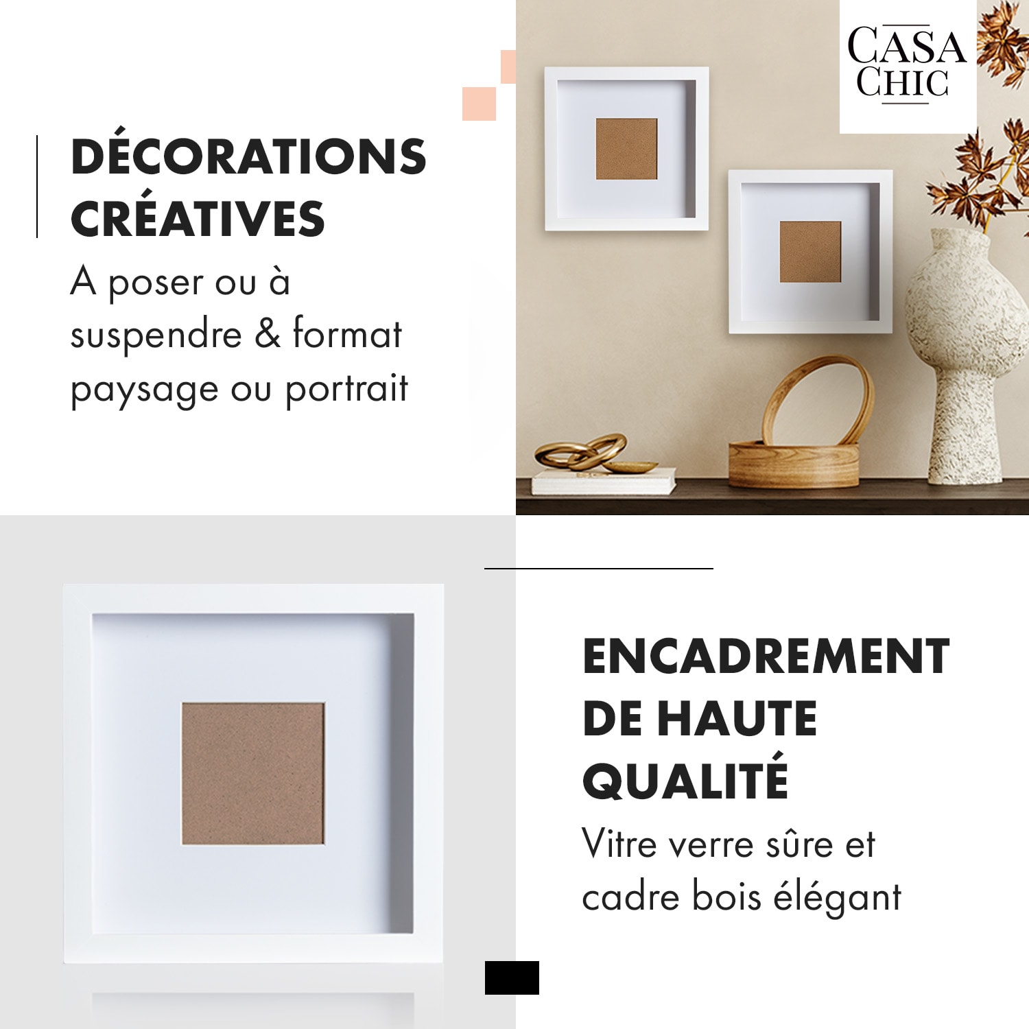 Camden Cadre photo 23 x 23 cm et 10 x 10 cm passe-partout bois véritable  Blanc