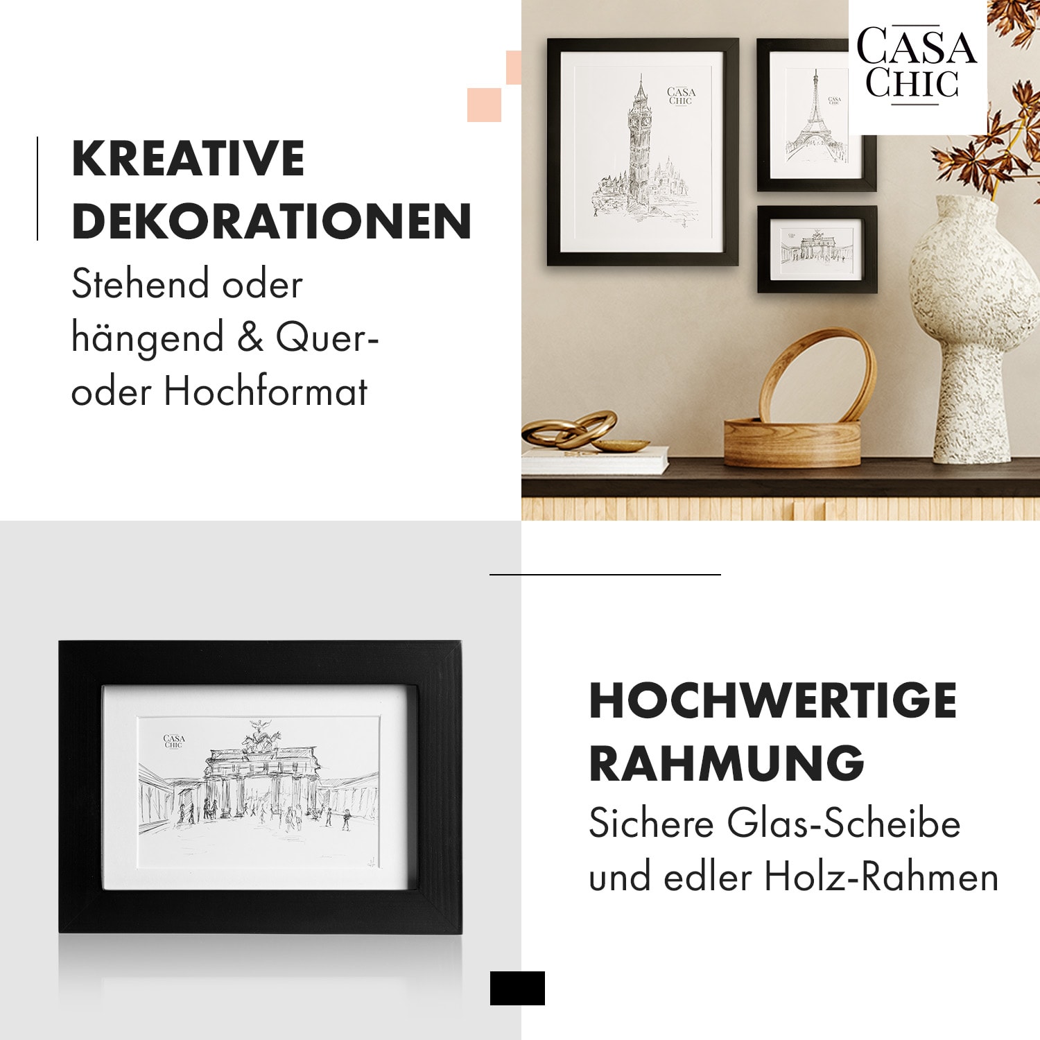 Chalcot Bilderrahmen 7er-Set 3 Größen rechteckig Passepartout Echtholz Schwarz