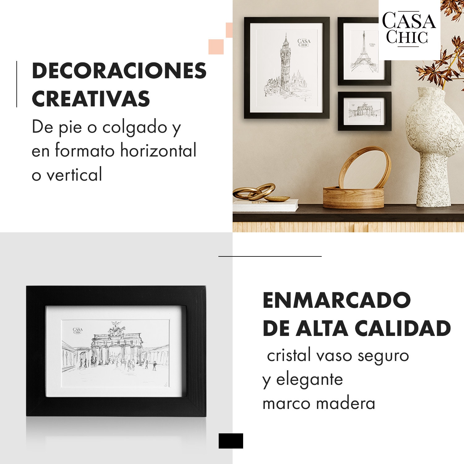 Chalcot Set de 7 marcos de fotos de 3 tamaños rectangulares paspartú de madera auténtica  Negro