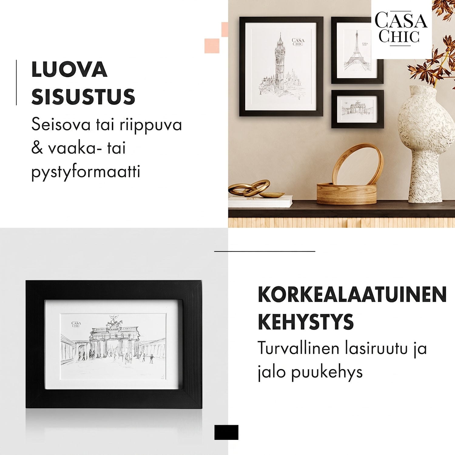 Chalcot-valokuvakehys 7 kpl/setti 3 kokoa suorakulmainen paspartuuri aitoa puuta  Musta