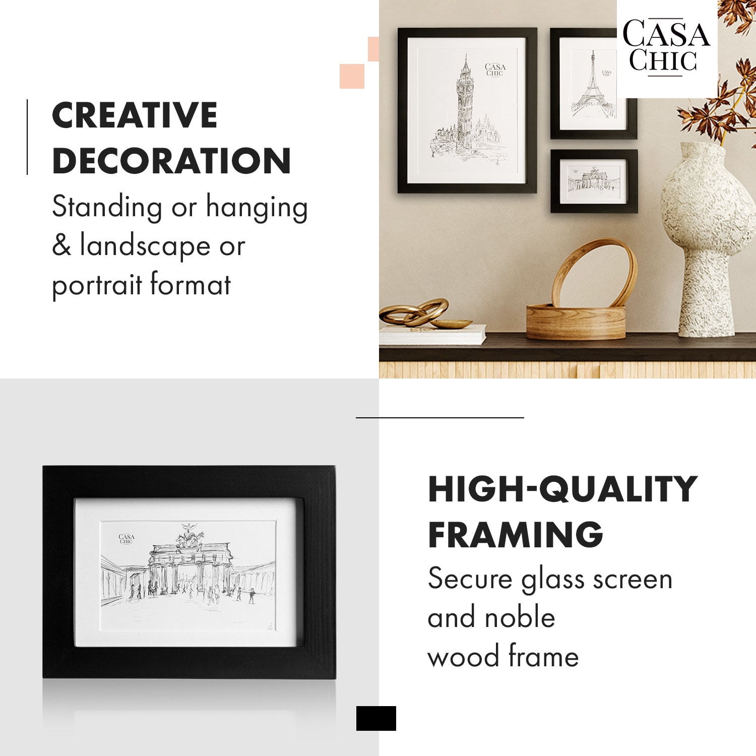 Chalcot, set de 7 rame de tablouri, 3 dimensiuni, formă dreptunghiulară, pasparta, lemn adevărat  Negru