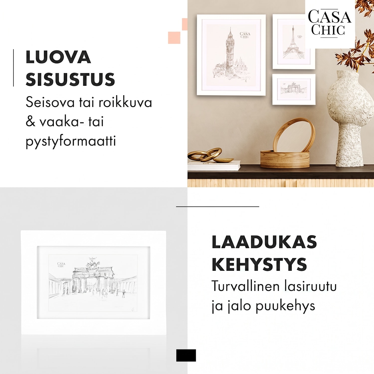 Chalcot-valokuvakehys 7 kpl/setti 3 kokoa suorakulmainen paspartuuri aitoa puuta  Valkoinen