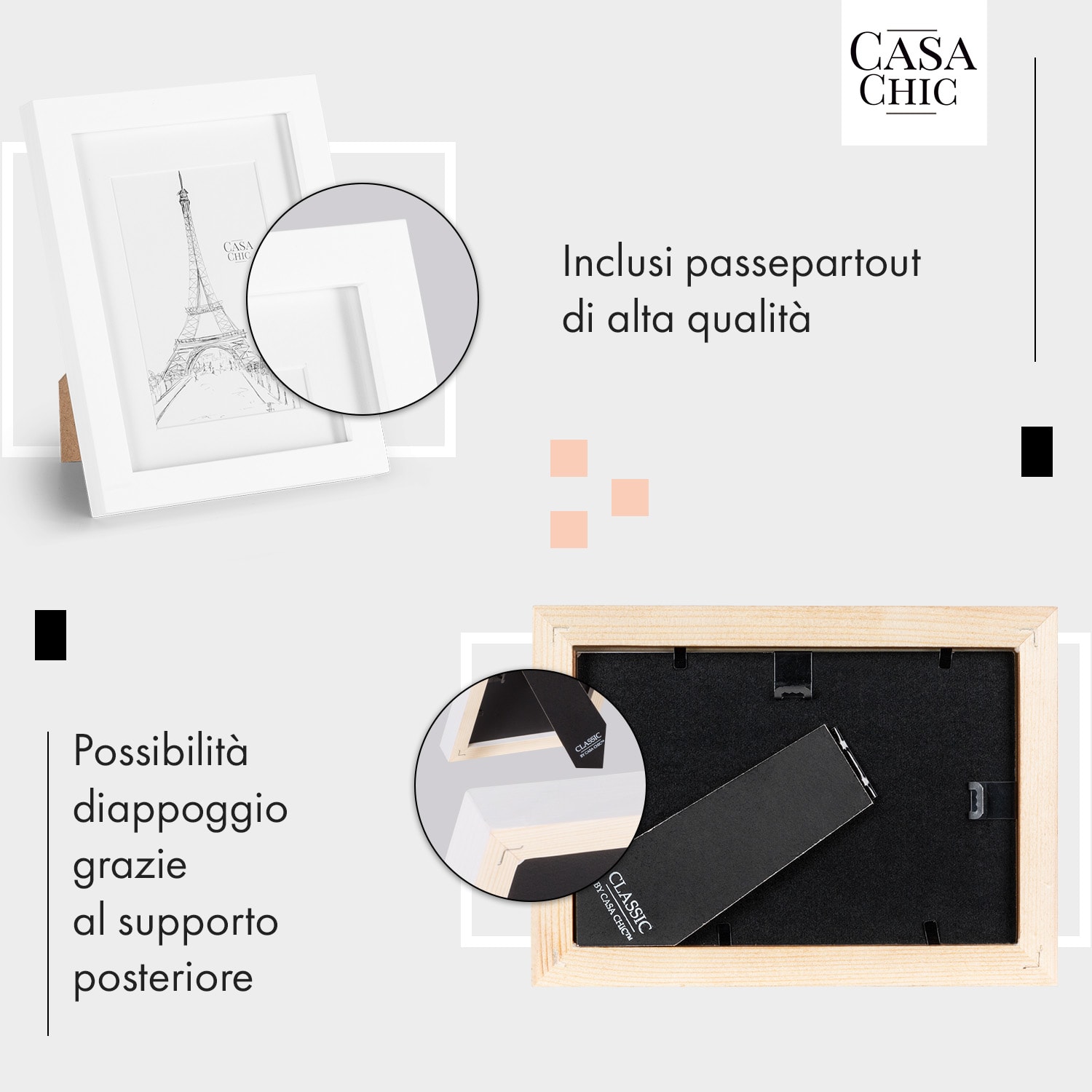 Chalcot set composto da 7 cornici, 3 dimensioni, rettangolari, passepartout, legno  