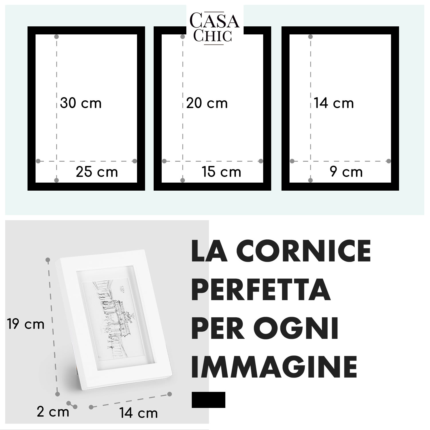 Chalcot set composto da 7 cornici, 3 dimensioni, rettangolari, passepartout, legno  