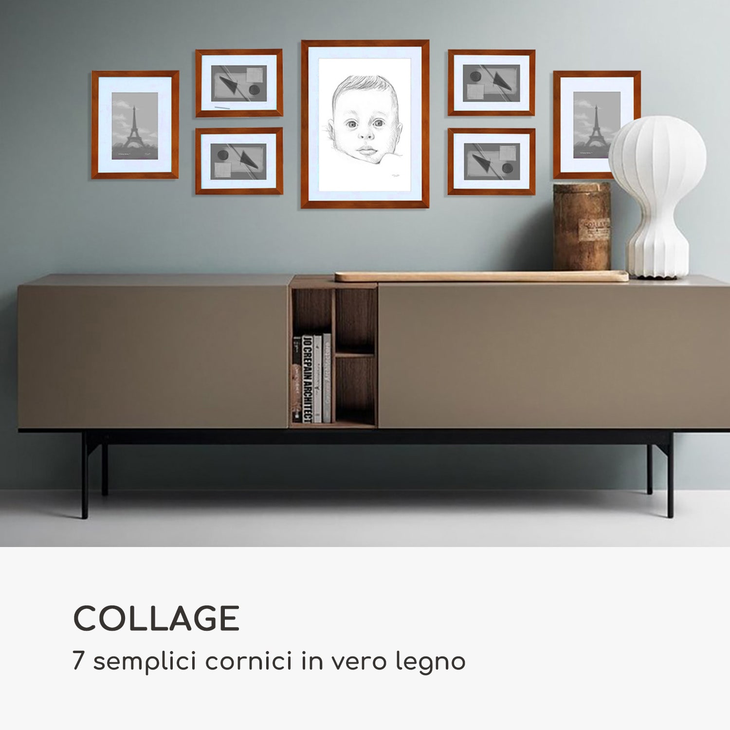 Chalcot set composto da 7 cornici, 3 dimensioni, rettangolari, passepartout, legno  ruggine