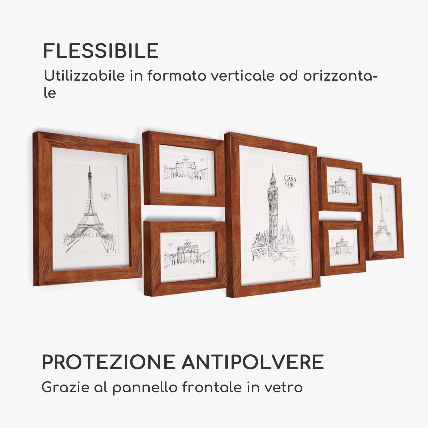 Chalcot set composto da 7 cornici, 3 dimensioni, rettangolari, passepartout, legno  ruggine