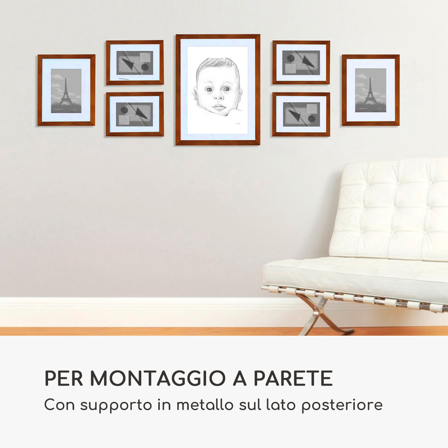 Chalcot set composto da 7 cornici, 3 dimensioni, rettangolari, passepartout, legno  ruggine