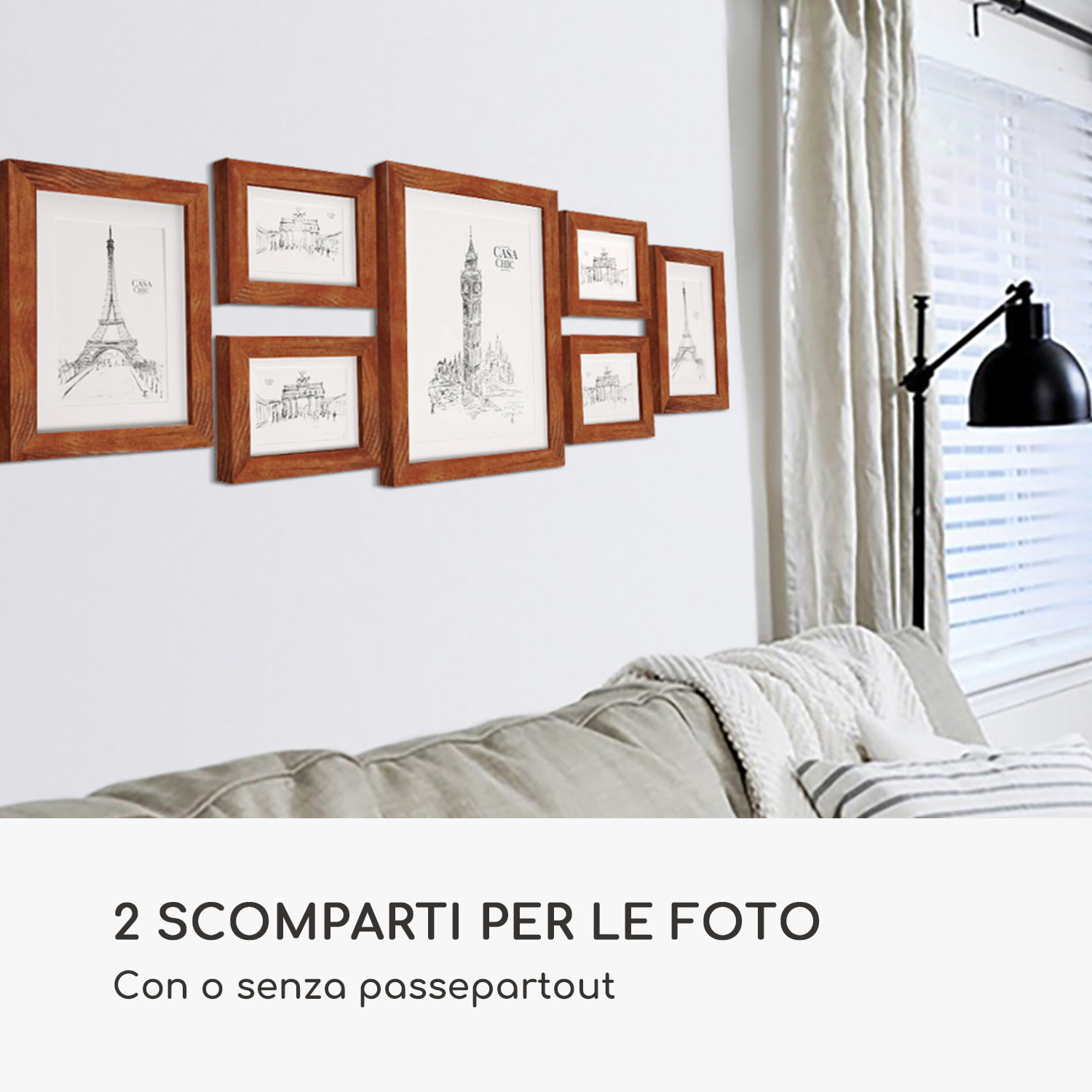 Chalcot set composto da 7 cornici, 3 dimensioni, rettangolari, passepartout, legno  ruggine
