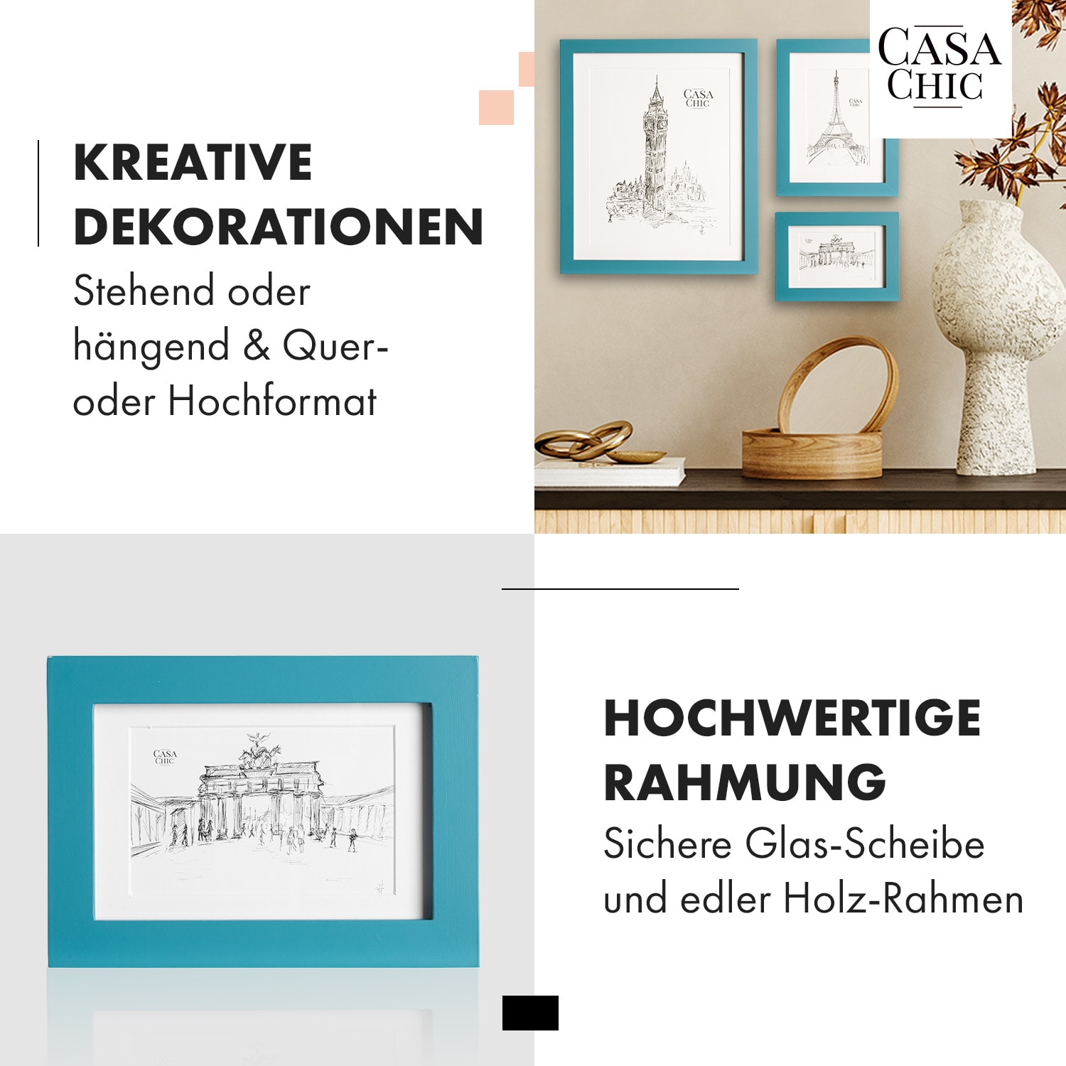 Chalcot Bilderrahmen 7er-Set 3 Größen rechteckig Passepartout Echtholz  Türkis