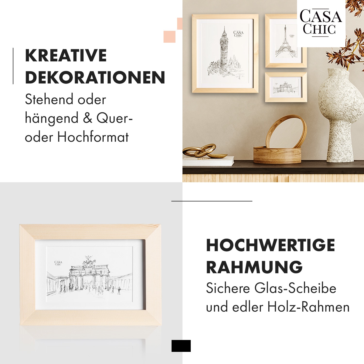 Chalcot Bilderrahmen 7er-Set 3 Größen rechteckig Passepartout Echtholz Natur