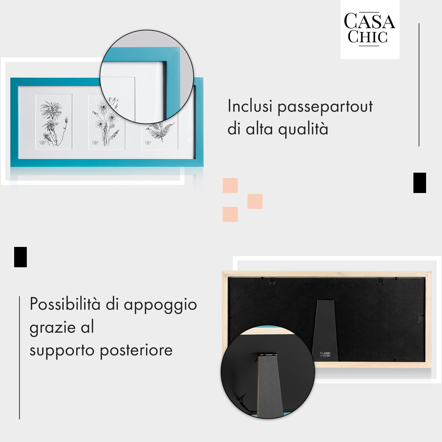 Moorgate - Cornice rettangolare, per 3 immagini da 15 x 10 cm, passepartout, legno Turchese
