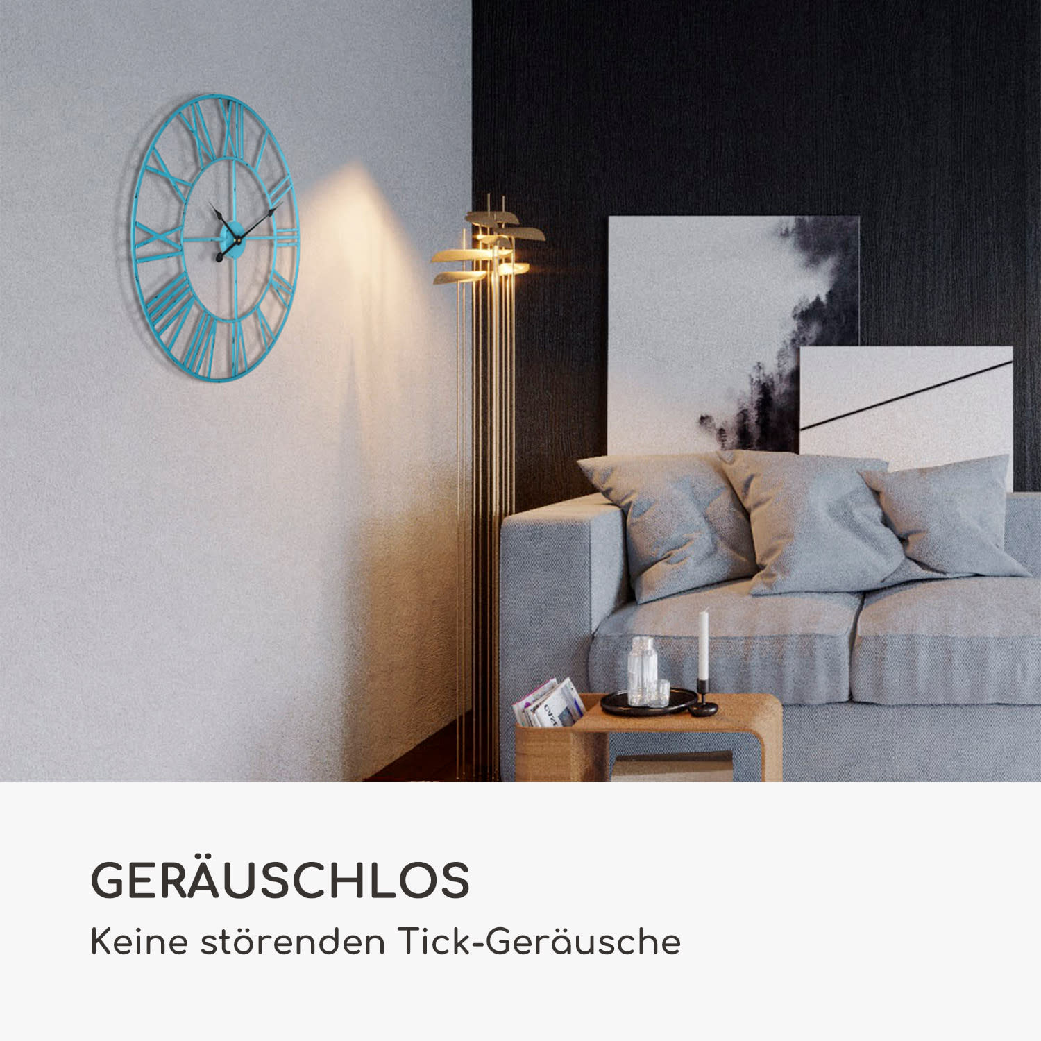 Queensway 60 Wanduhr Metallrahmen geräuschlos Ø 60 cm  Türkis