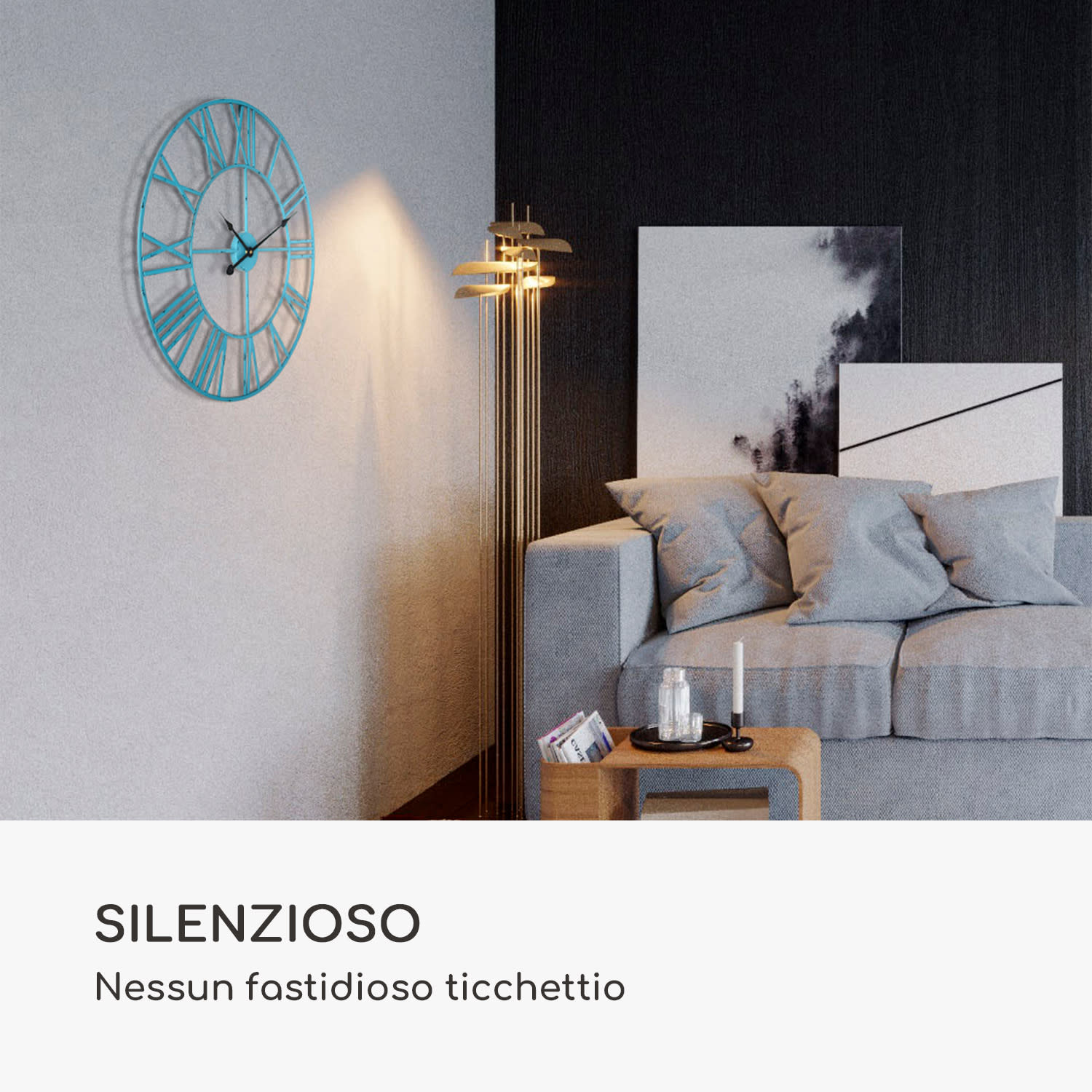Queensway 60 - Orologio da parete, telaio in metallo, silenzioso, Ø 60 cm  Turchese