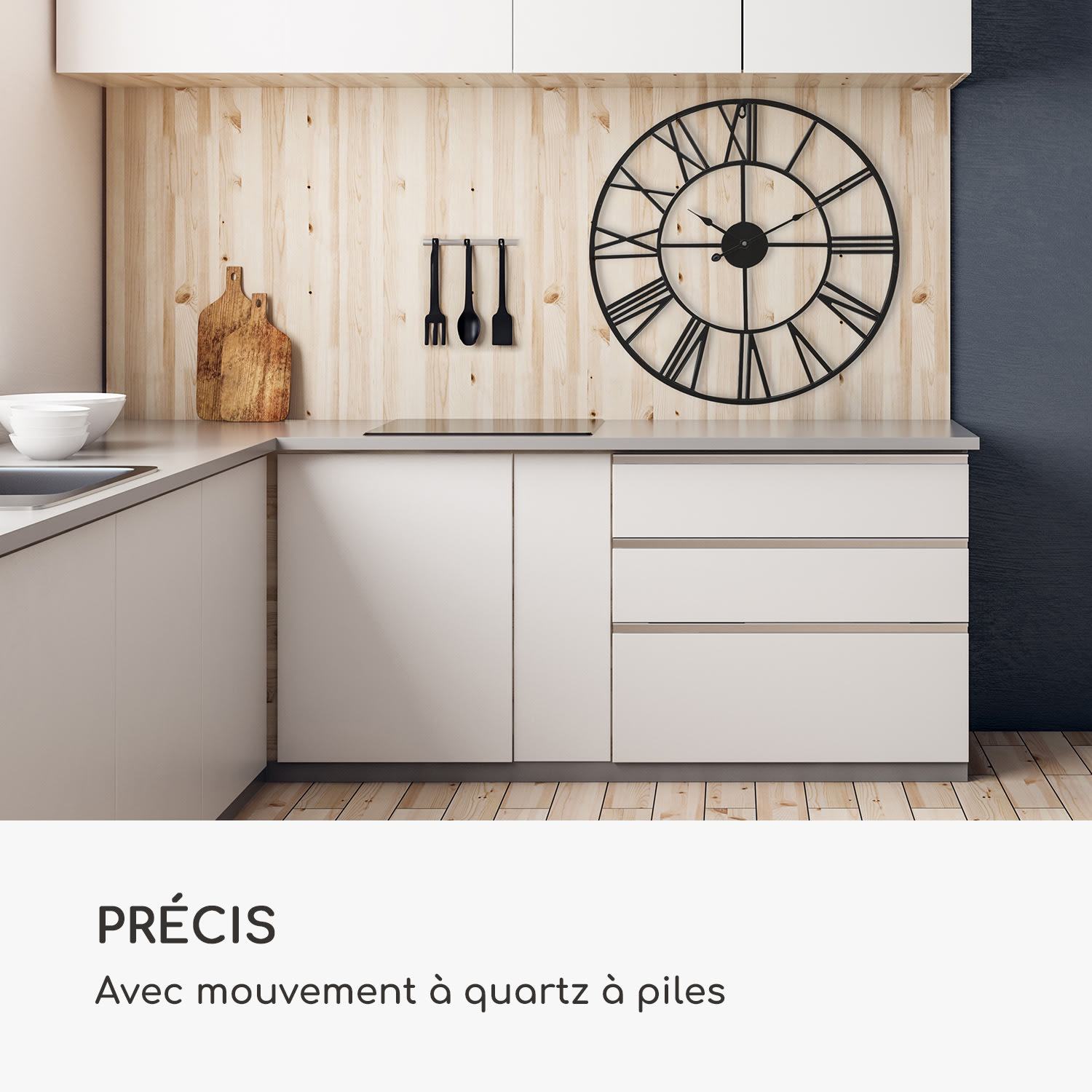 Queensway 100 Horloge murale cadre métallique silencieux Ø 100 cm  Noir