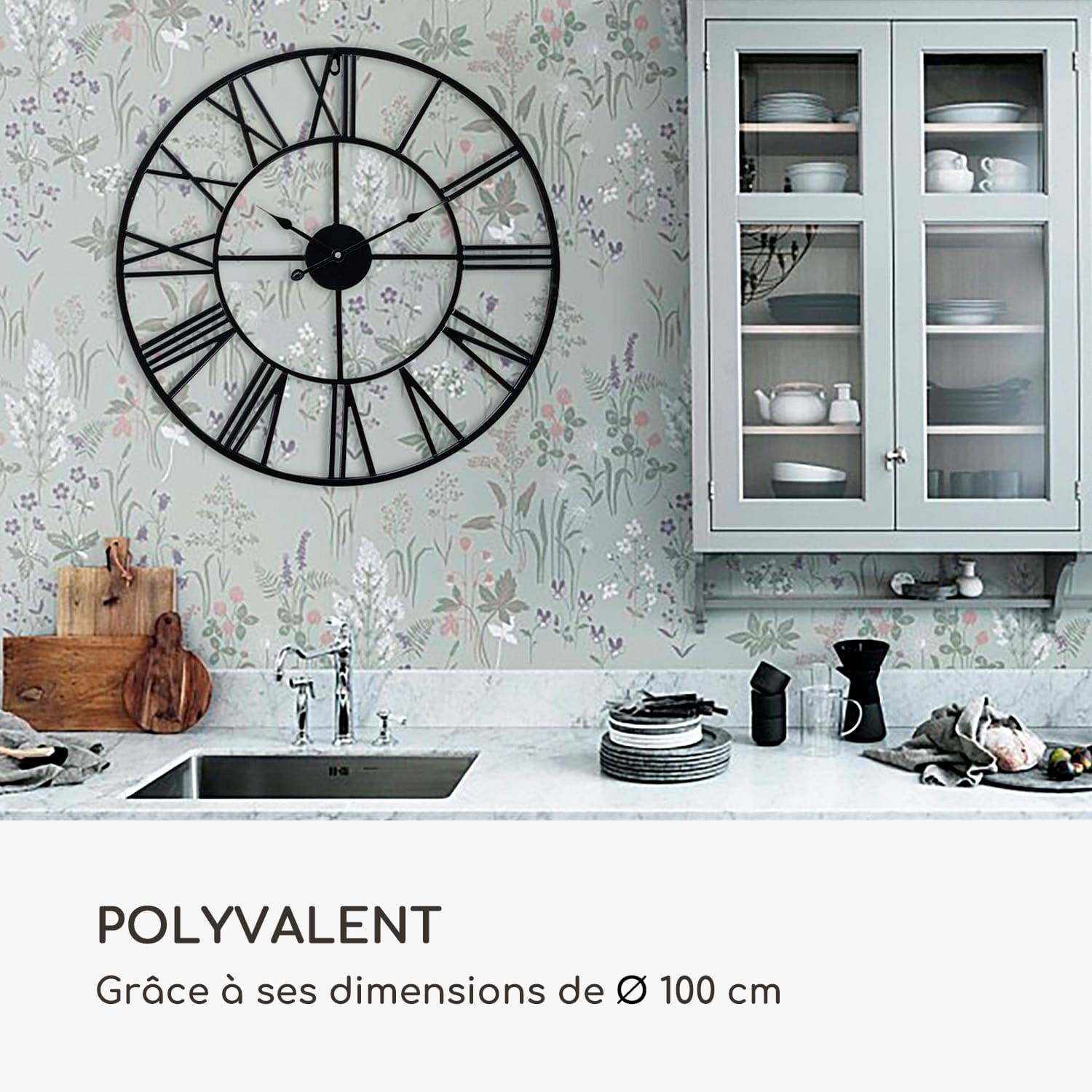 Queensway 100 Horloge murale cadre métallique silencieux Ø 100 cm  Noir