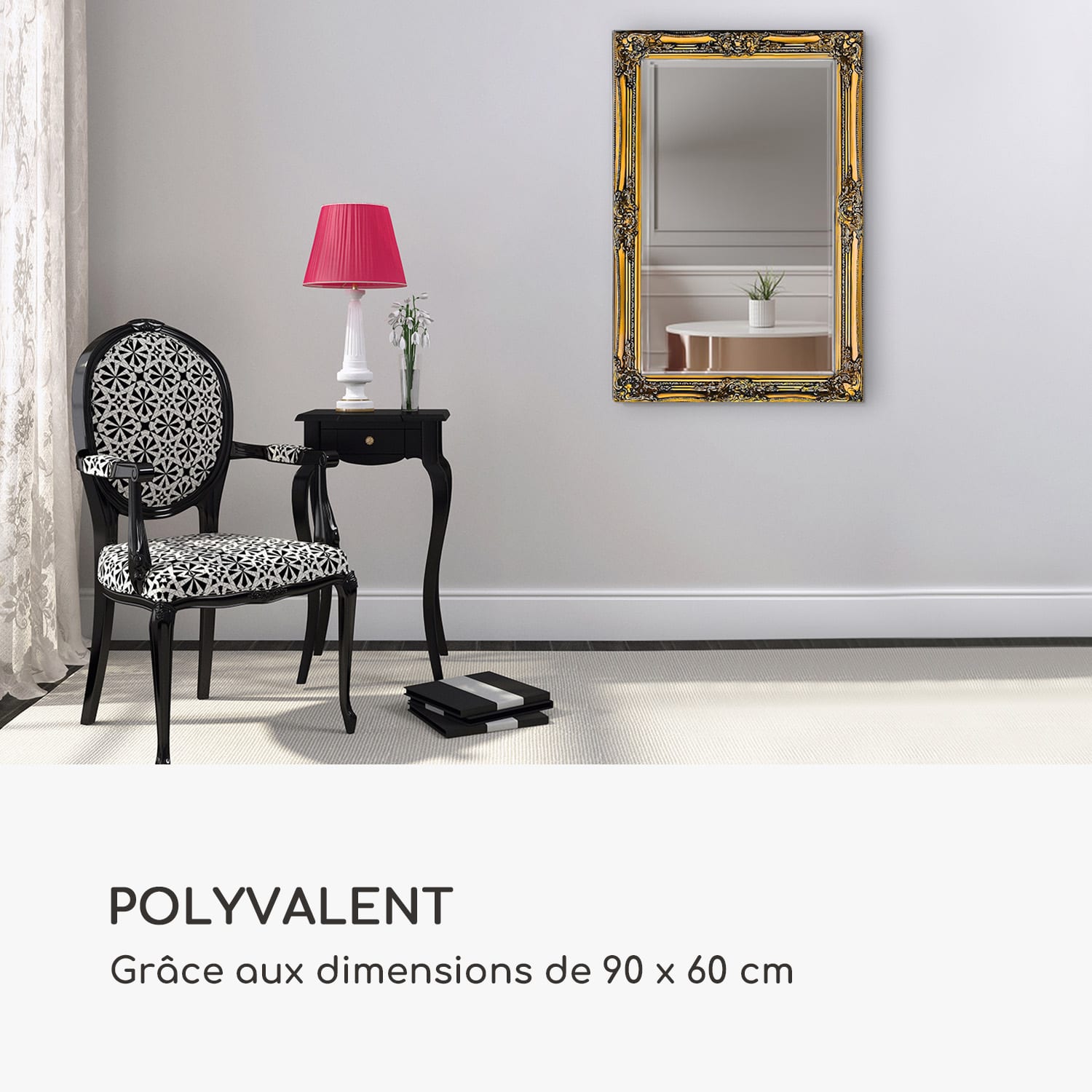 Manchester miroir mural cadre en bois massif rectangulaire 90 x 60 cm