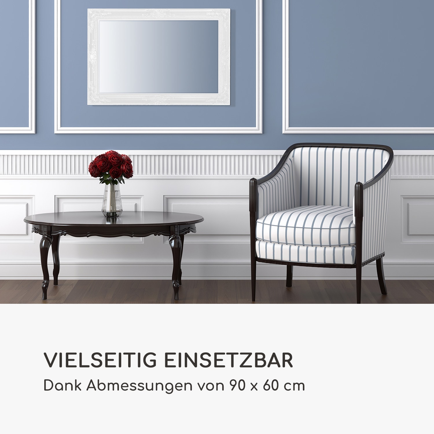 Manchester Wandspiegel Massivholzrahmen rechteckig 90 x 60 cm Weiß