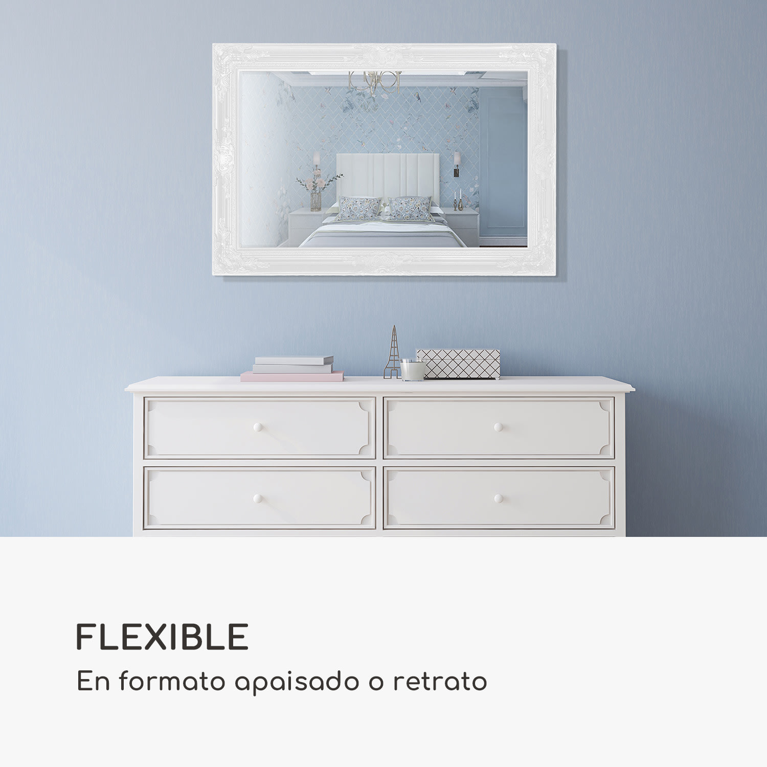 Espejo de pared Manchester Marco de madera maciza Rectangular 90 x 60 cm  Blanco