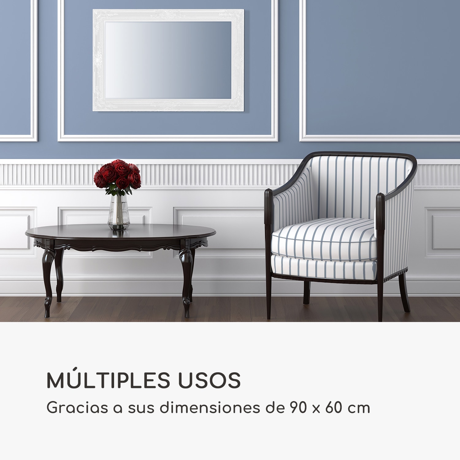 Espejo de pared Manchester Marco de madera maciza Rectangular 90 x 60 cm  Blanco