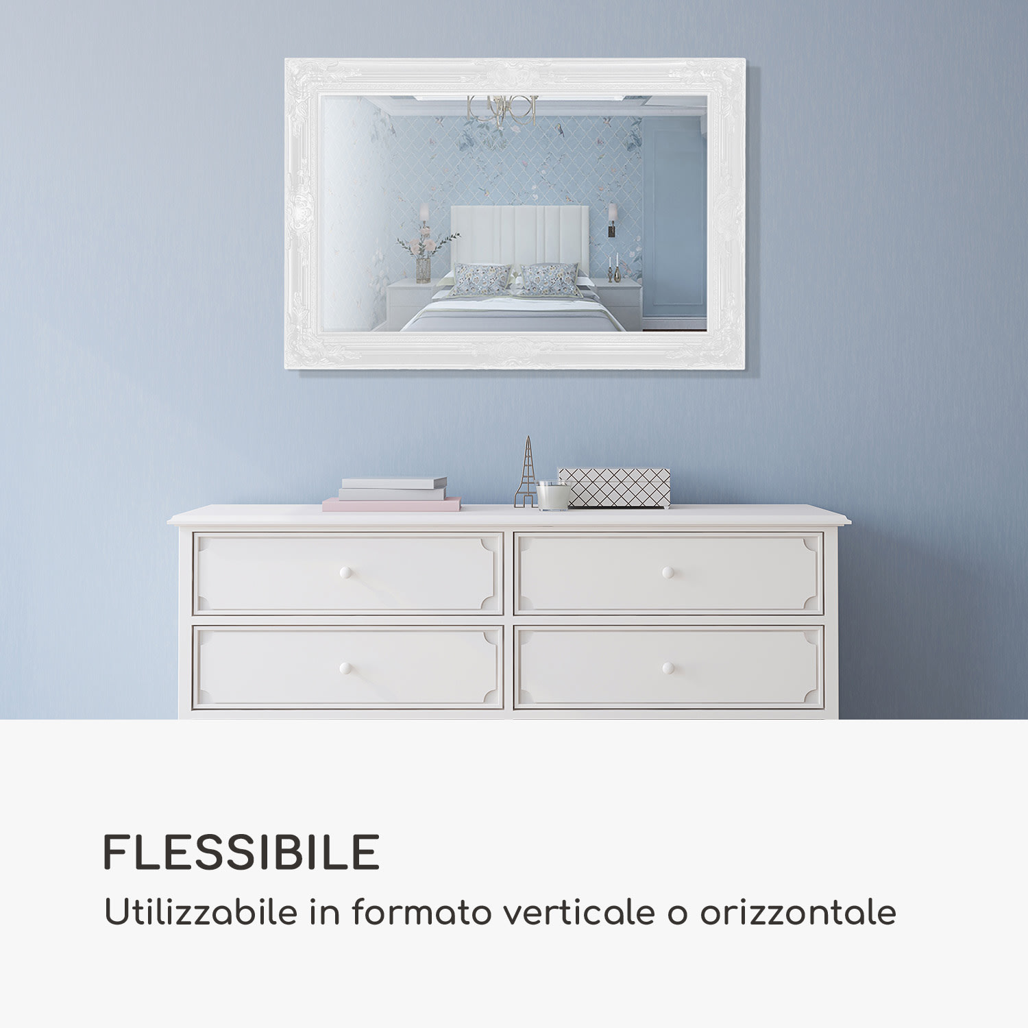 Manchester specchio da parete, cornice in legno massiccio, rettangolare, 90 x 60 cm  Bianco
