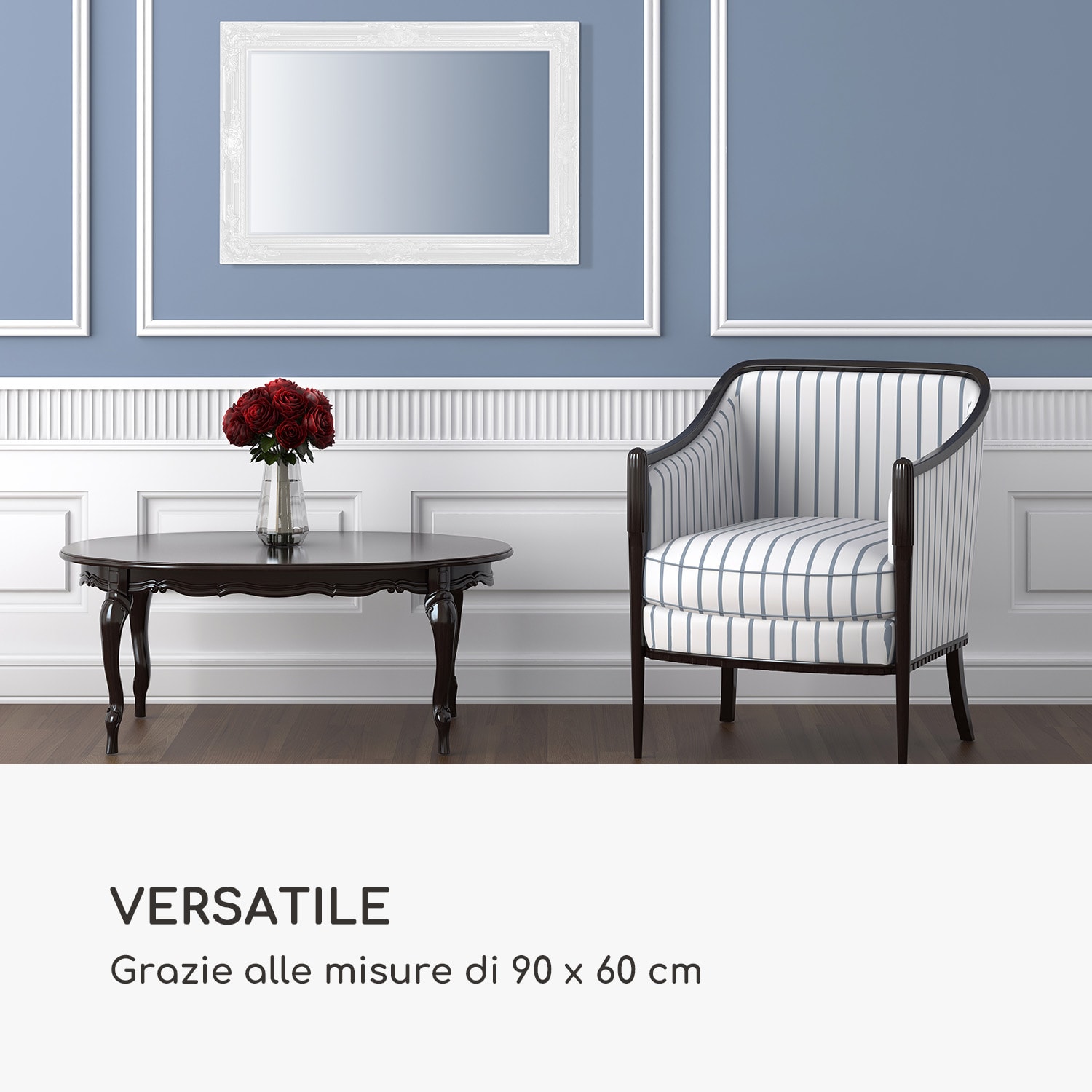 Manchester specchio da parete, cornice in legno massiccio, rettangolare, 90 x 60 cm  Bianco