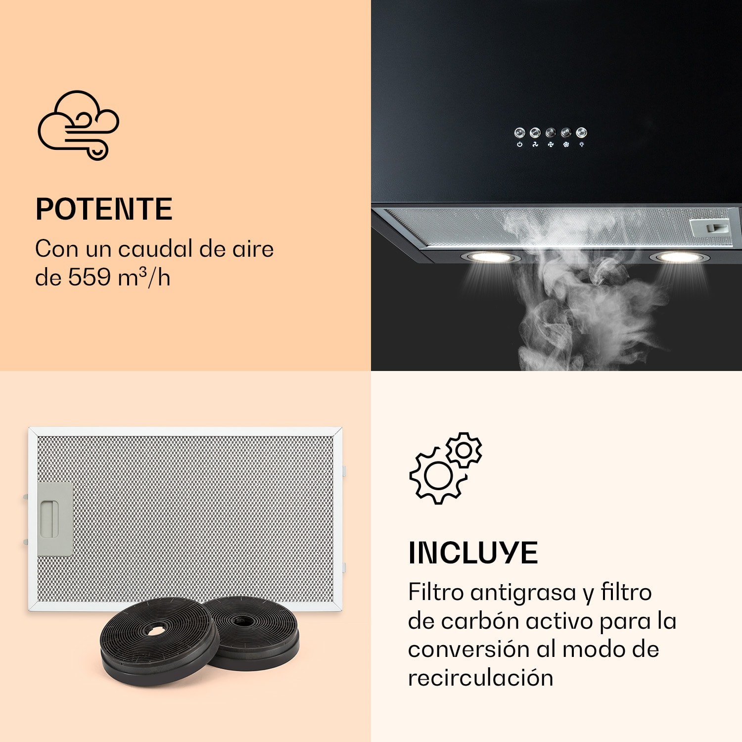 Monumenta campana extractora de pared de aluminio 559 m³/h LED CEE B  Negro