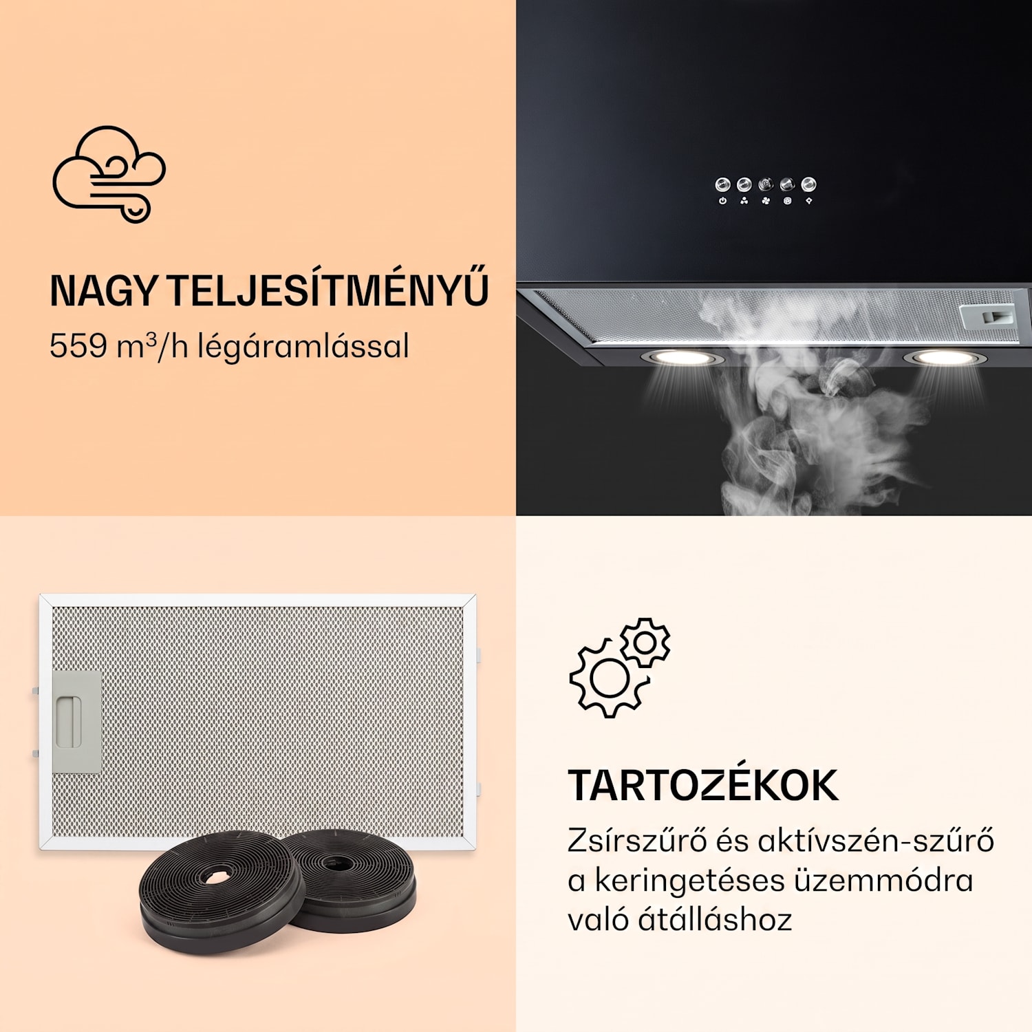 Monumenta, falra szerelhető páraelszívó, alumínium, 559 m³/ó, LED, B energiahatékonysági osztály Fekete