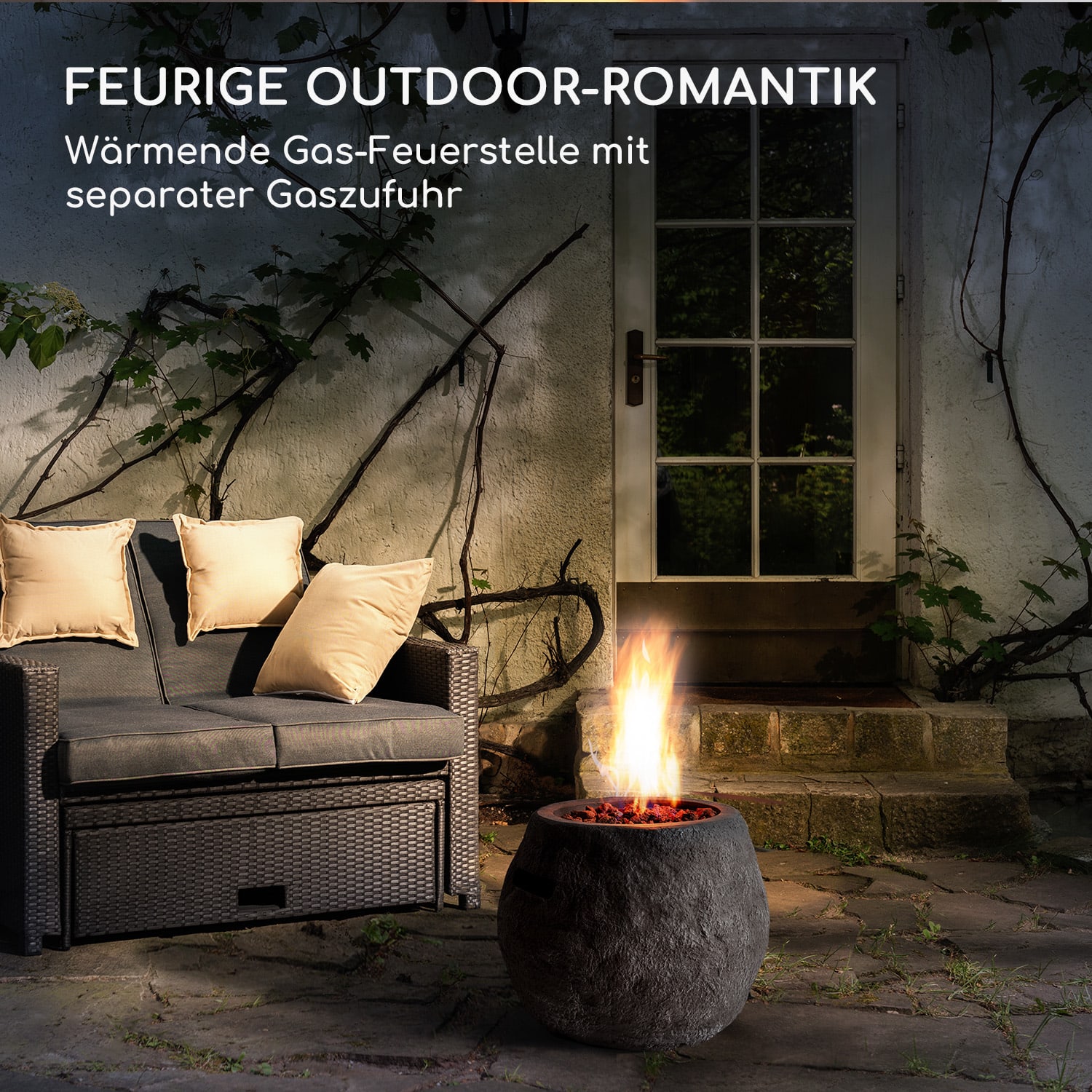 Andros Gas-Feuerstelle 40.000BTU/13kW Deckel Edelstahlbrenner  Dunkelgrauer Stein