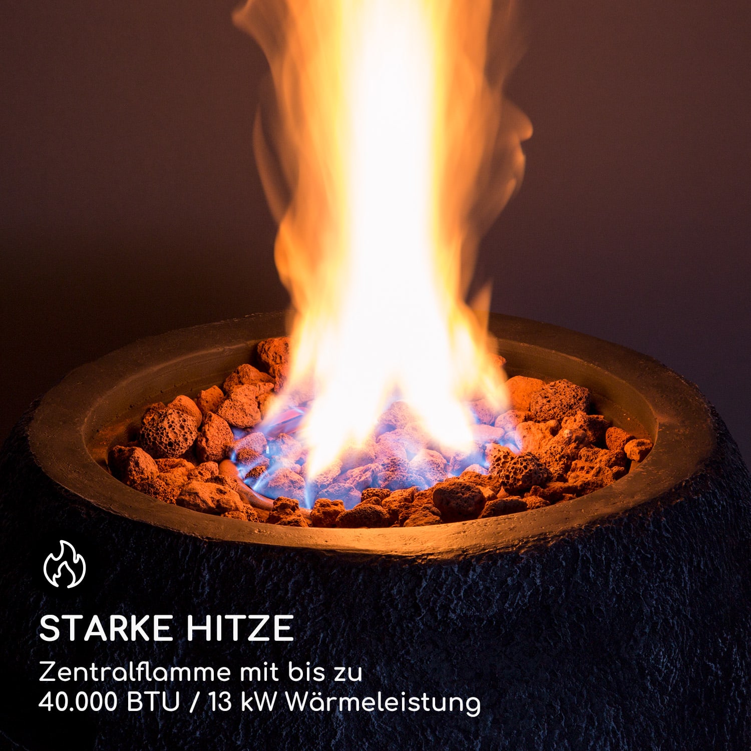 Andros Gas-Feuerstelle 40.000BTU/13kW Deckel Edelstahlbrenner  Dunkelgrauer Stein