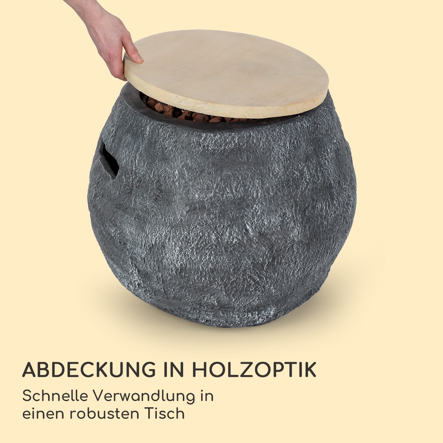 Andros Gas-Feuerstelle 40.000BTU/13kW Deckel Edelstahlbrenner  Dunkelgrauer Stein