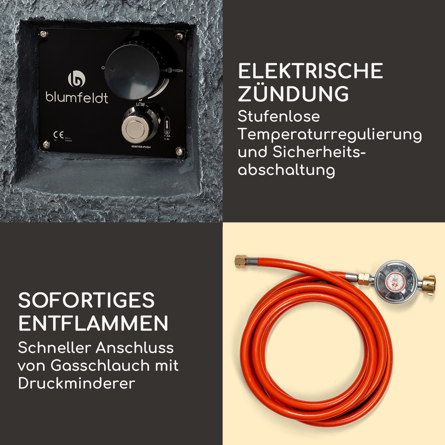 Andros Gas-Feuerstelle 40.000BTU/13kW Deckel Edelstahlbrenner  Dunkelgrauer Stein