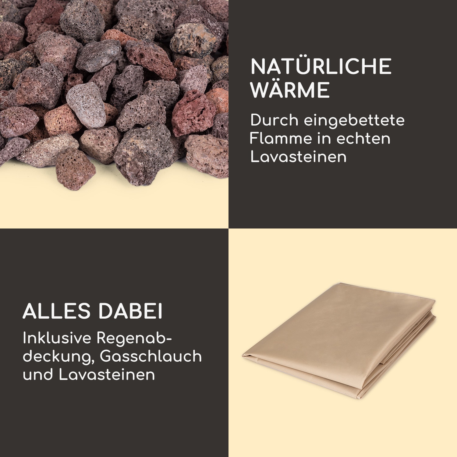 Andros Gas-Feuerstelle 40.000BTU/13kW Deckel Edelstahlbrenner  Dunkelgrauer Stein