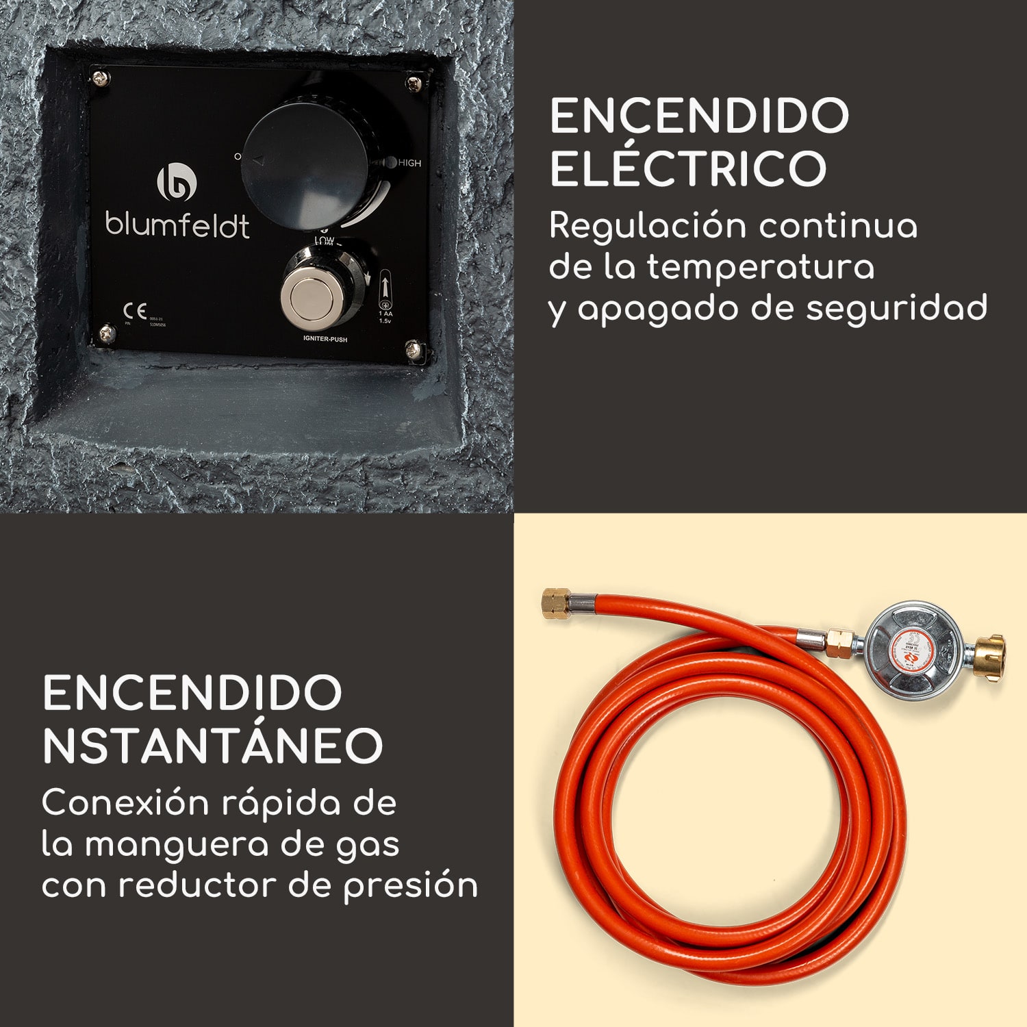 Andros Brasero de gas 40.000 BTU/13kW Tapa Quemador de acero inoxidable  Piedra Gris Oscura