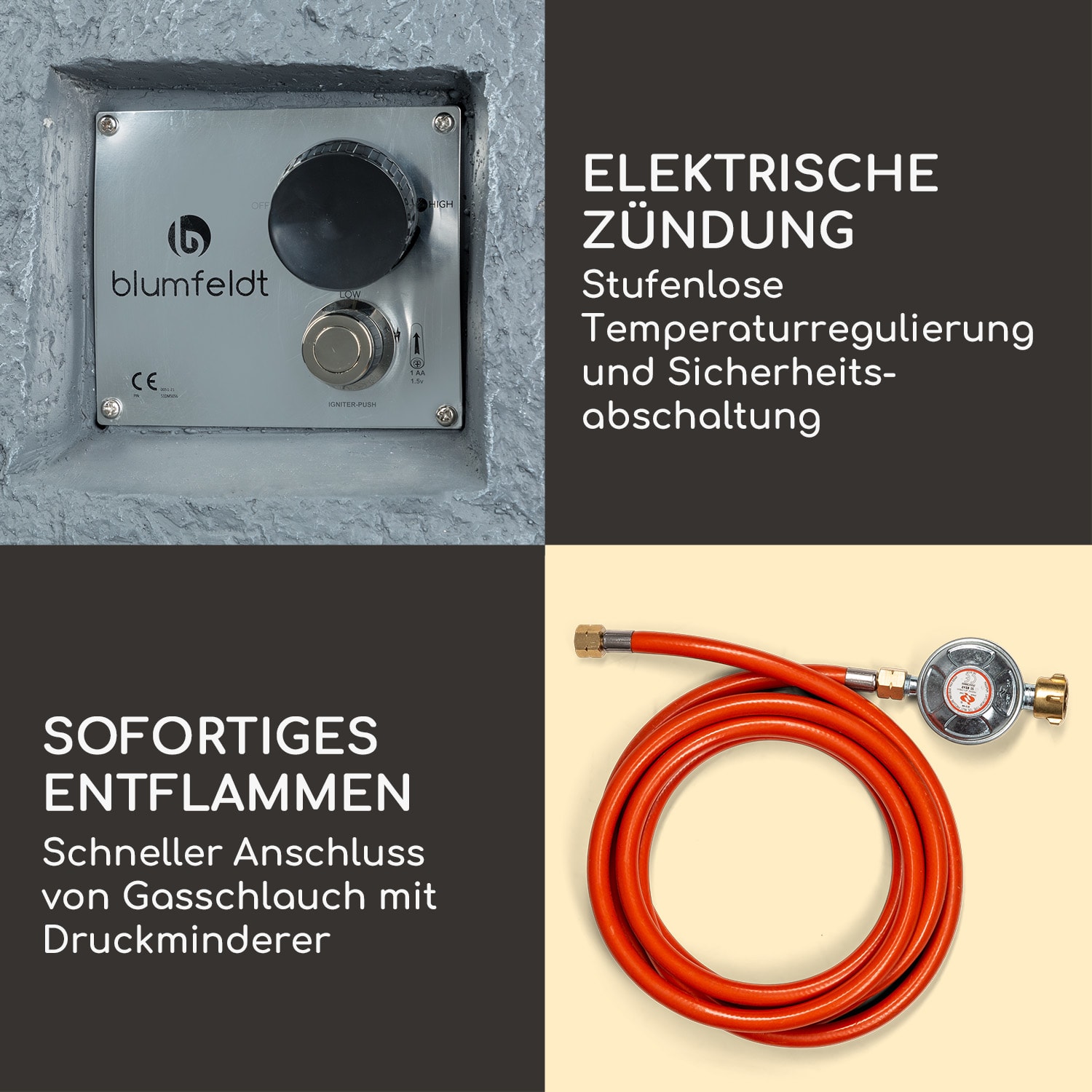 Andros Gas-Feuerstelle 40.000BTU/13kW Deckel Edelstahlbrenner  Mittleres Steingrau