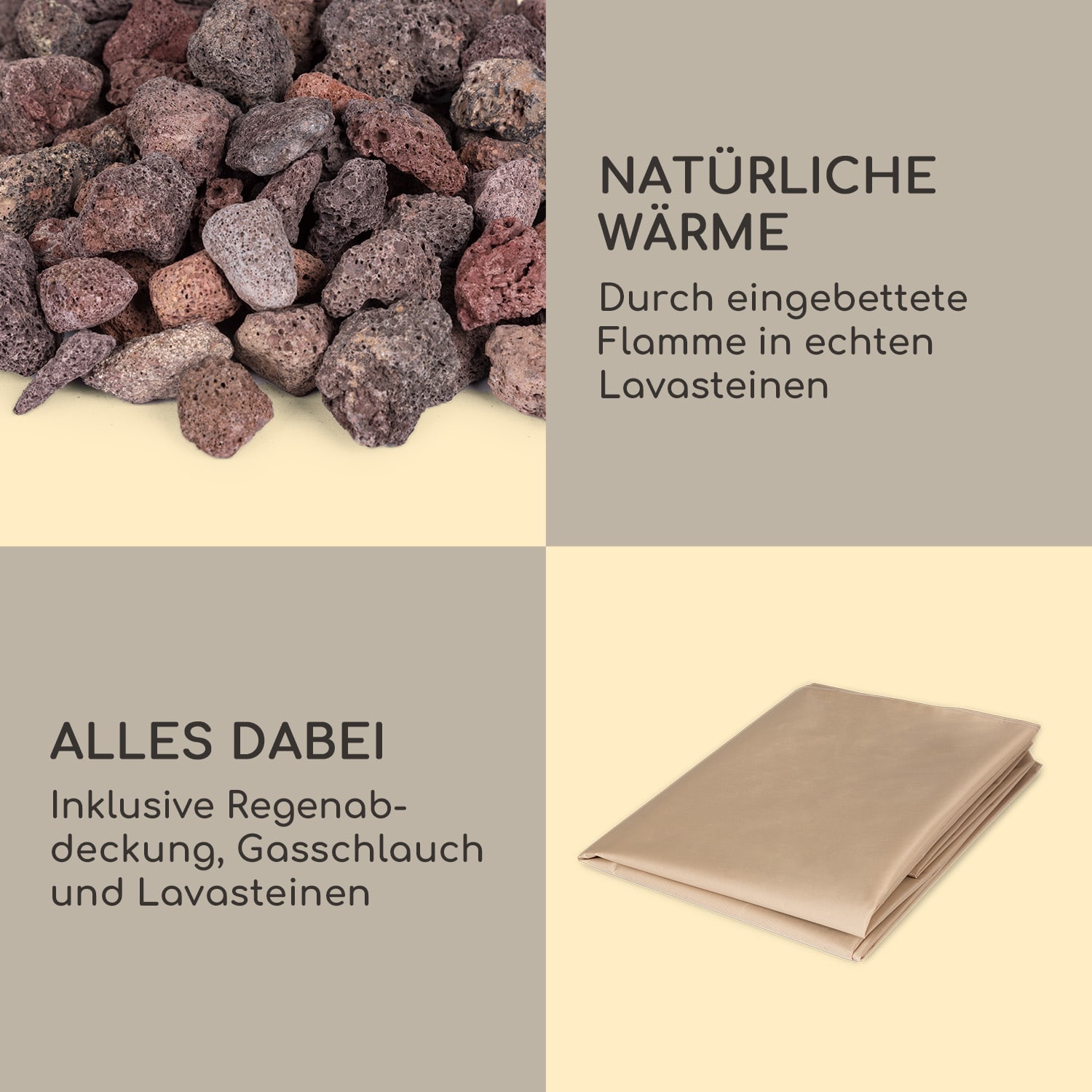 Anafi Gas-Feuerstelle 40.000BTU/13kW Abdeckung Edelstahlbrenner  Dunkelgrauer Stein