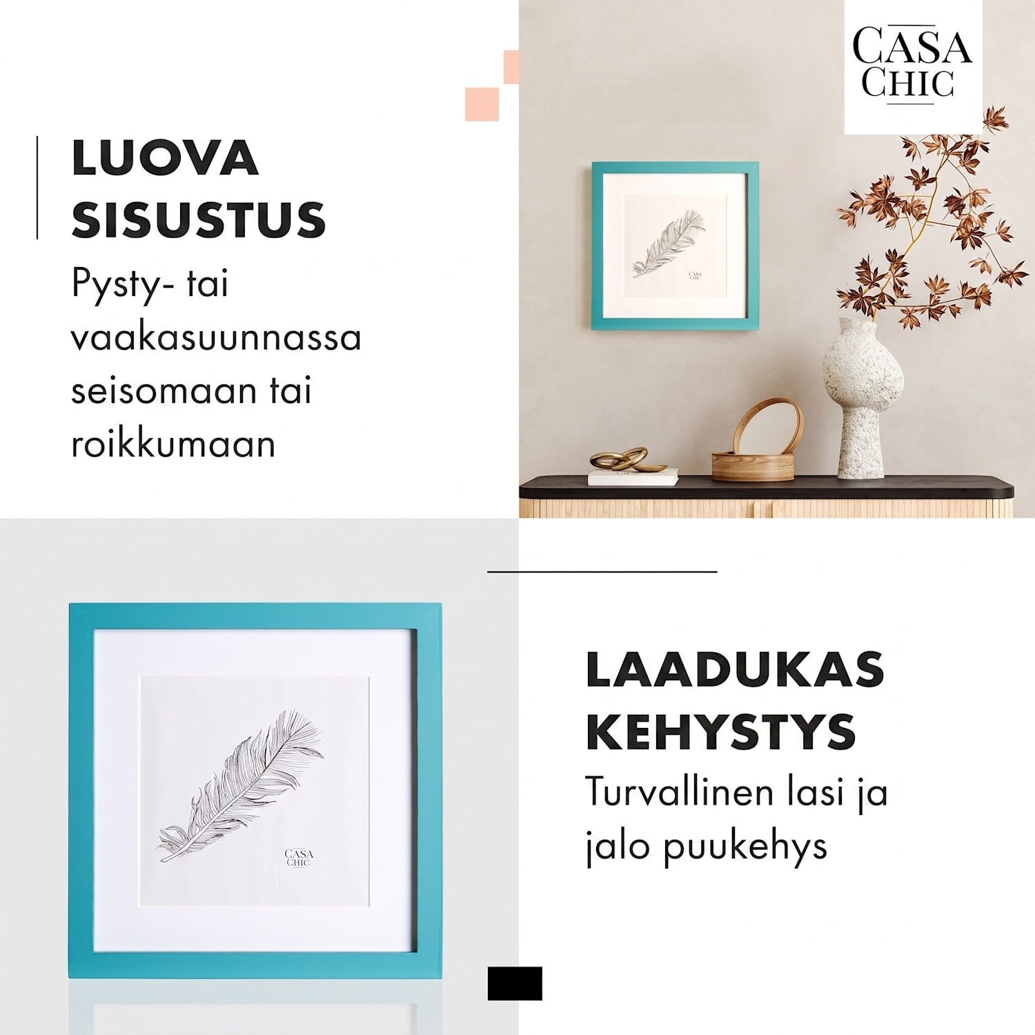 Clapton-valokuvakehys neliö 24,4 x 24,4 cm valokuville paspartuuri lasi Turkoosi