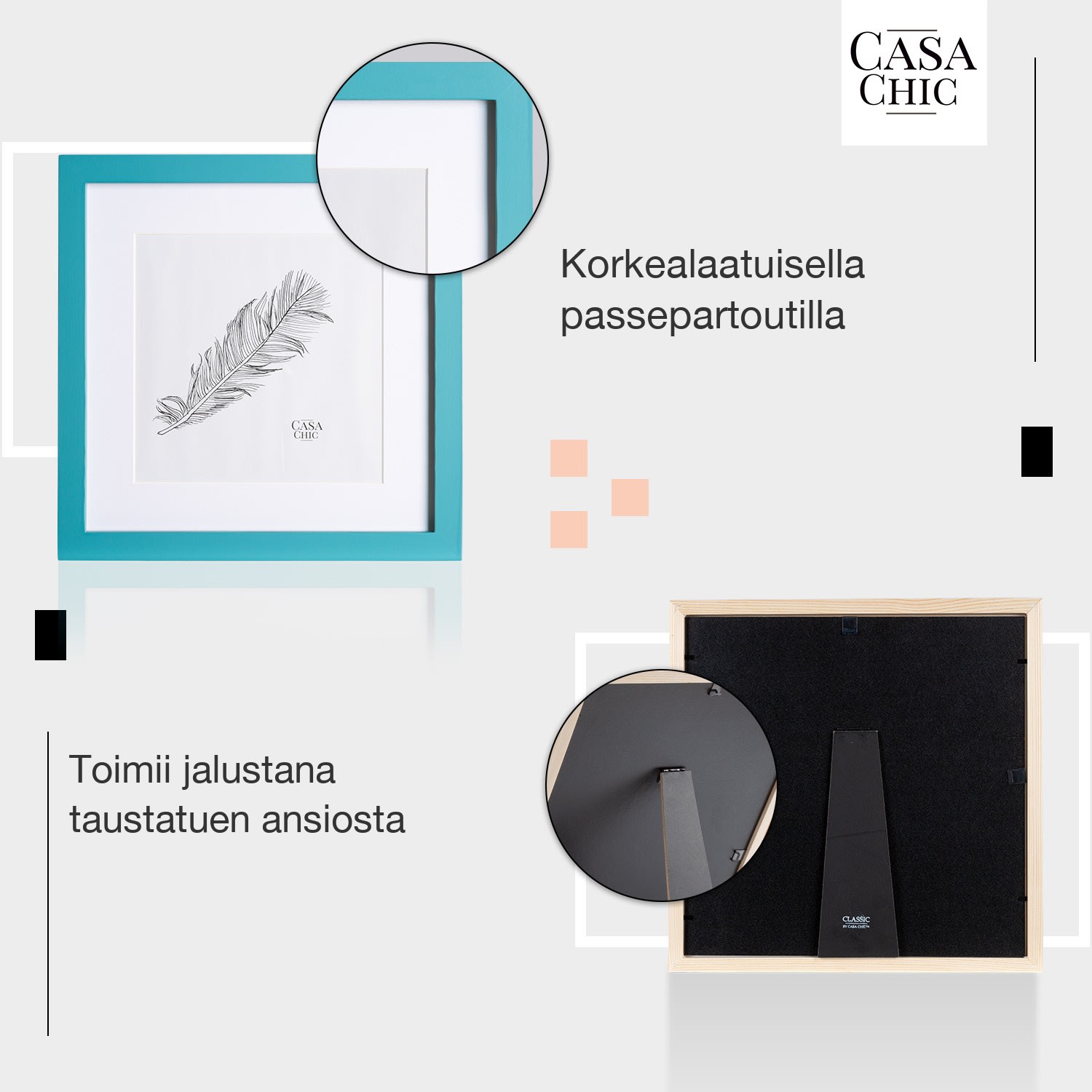Clapton-valokuvakehys neliö 24,4 x 24,4 cm valokuville paspartuuri lasi Turkoosi