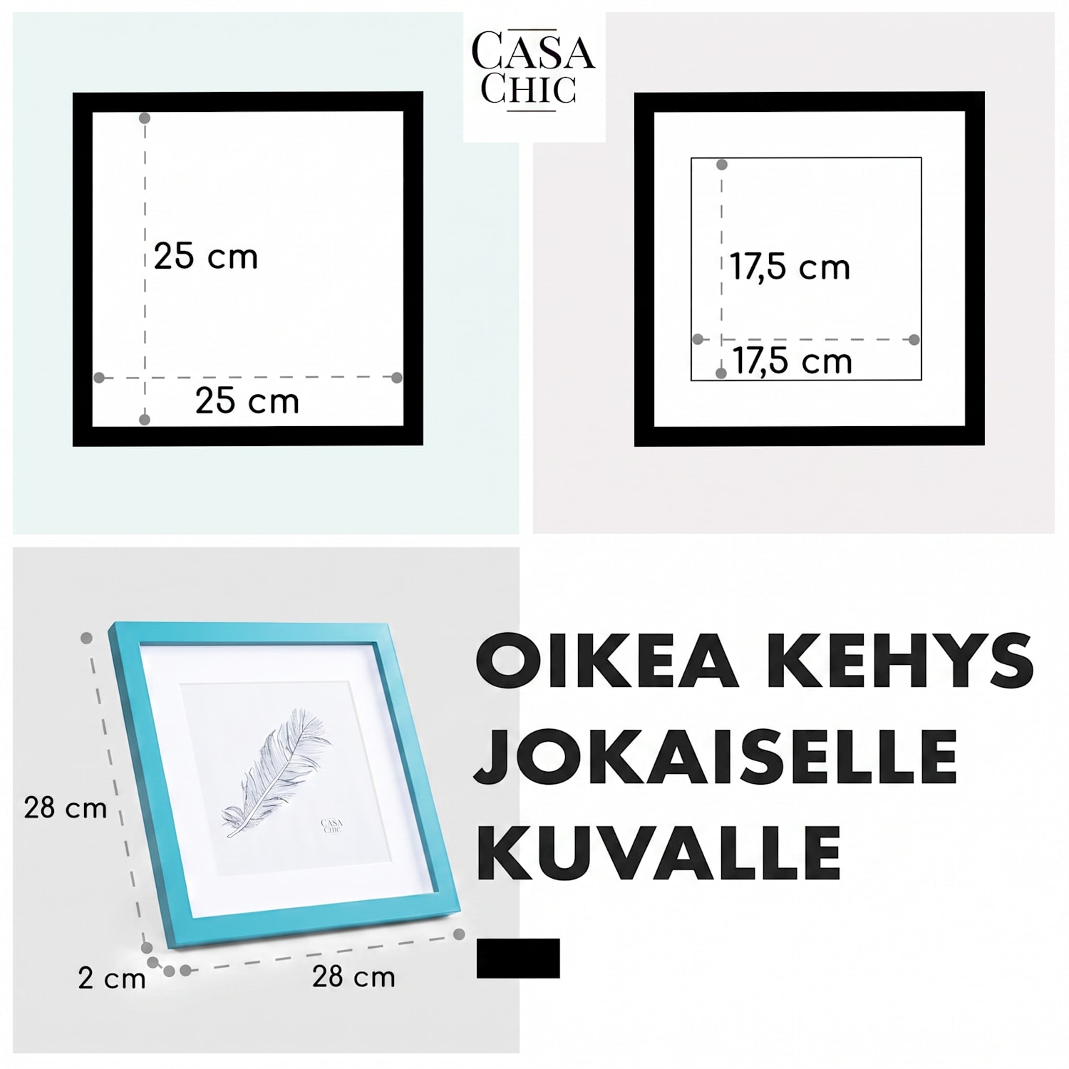 Clapton-valokuvakehys neliö 24,4 x 24,4 cm valokuville paspartuuri lasi Turkoosi