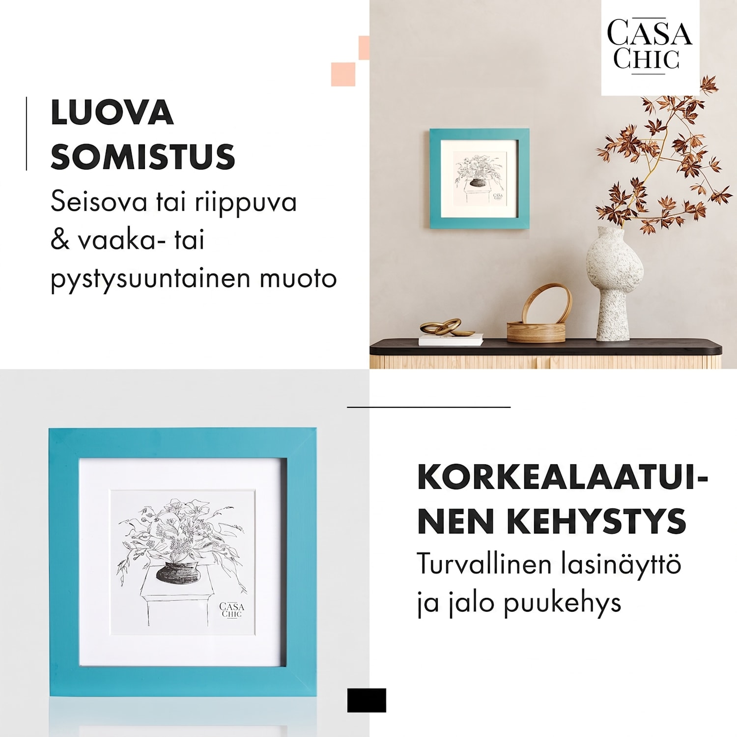Clapton-valokuvakehys neliö 15 x 15 cm valokuville paspartuuri lasia Turkoosi