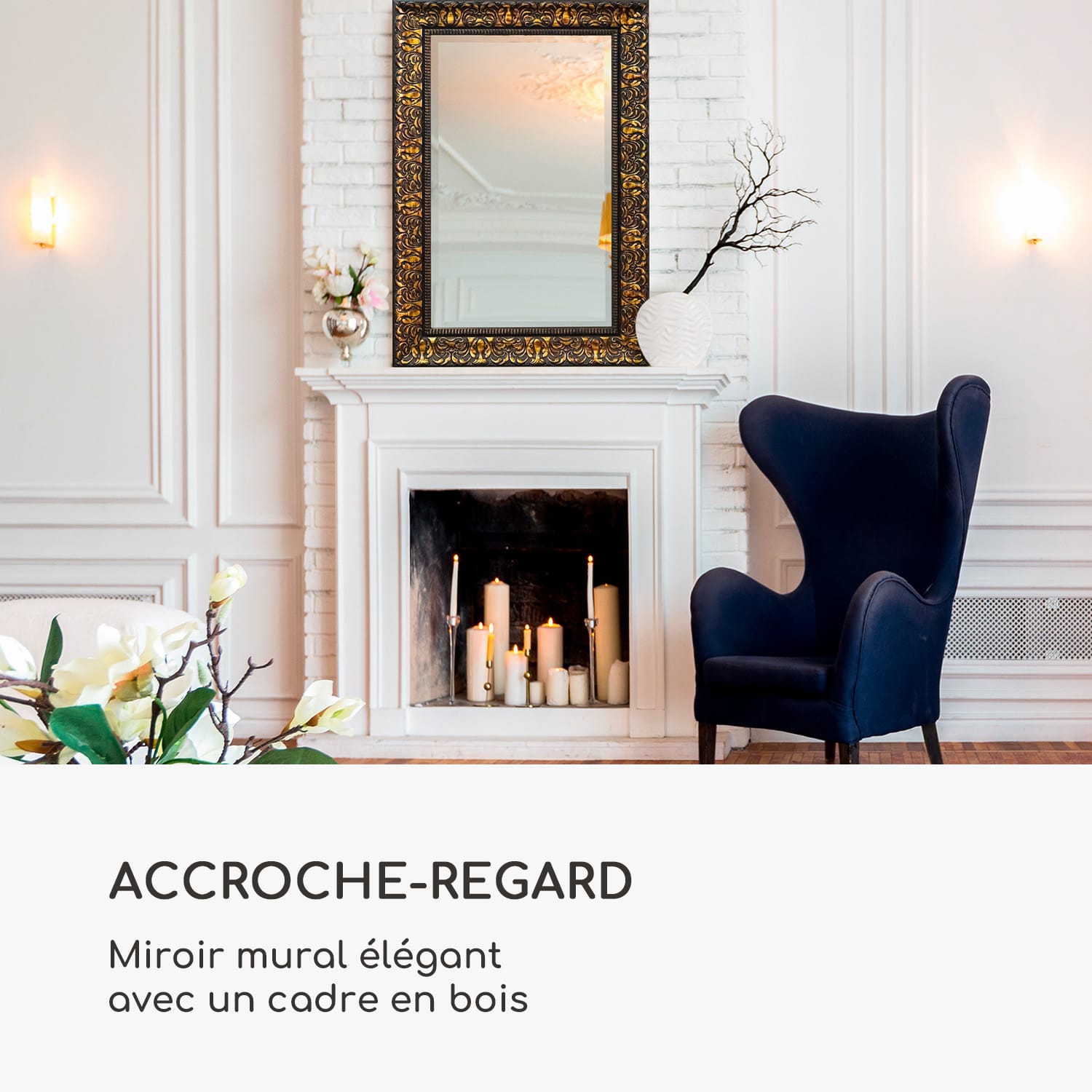 Manresa miroir mural cadre en bois rectangulaire 90 x 60 cm vintage