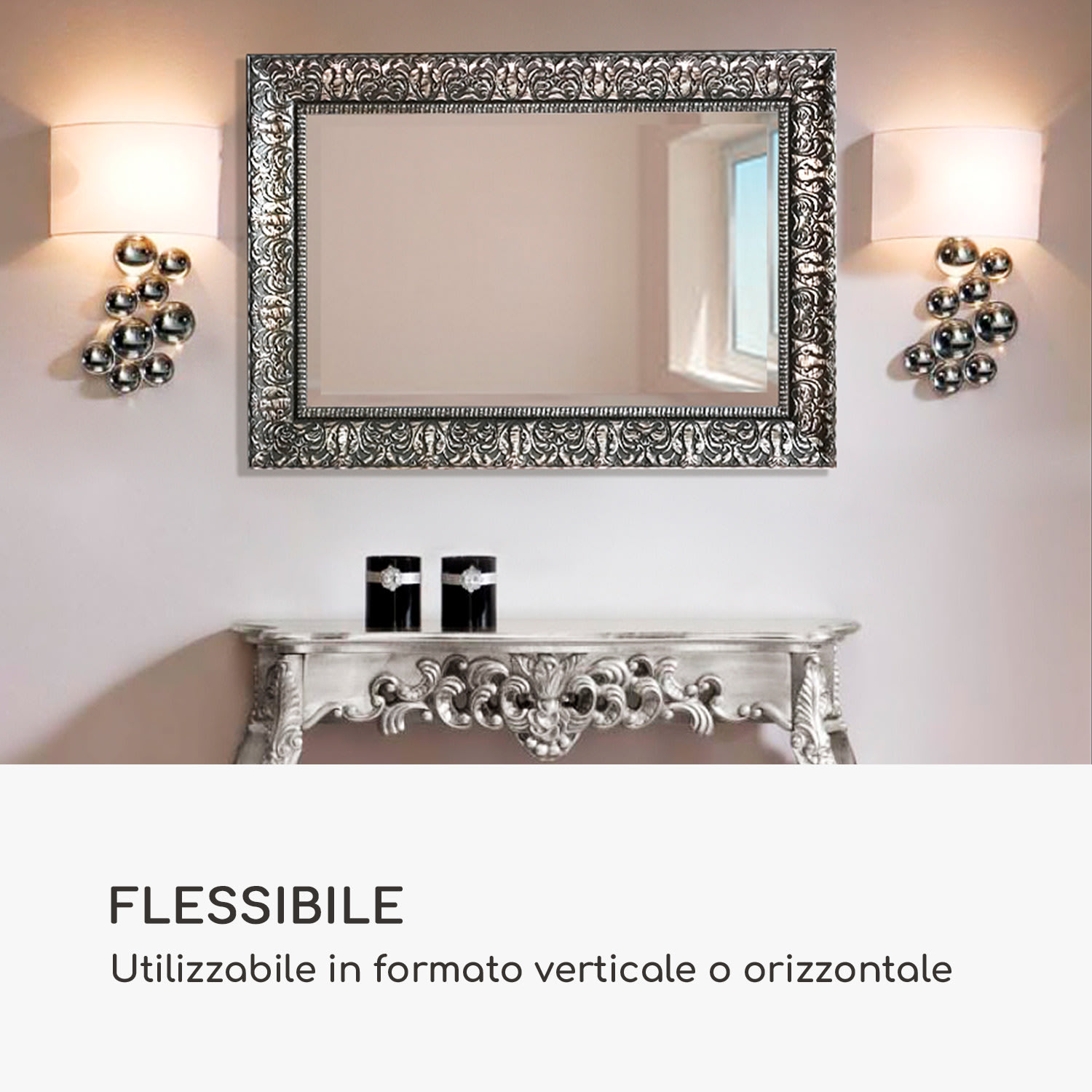 Manresa specchio da parete, cornice di legno, rettangolare, 90 x 60 cm, vintage  Argento