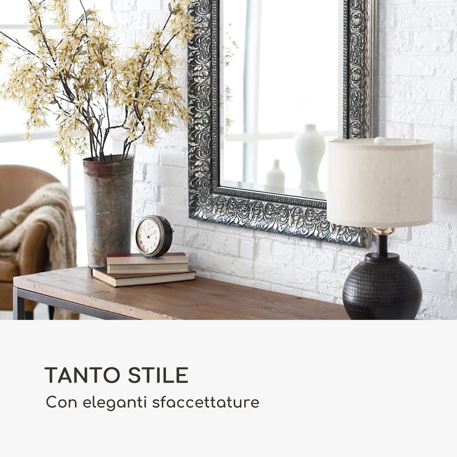 Manresa specchio da parete, cornice di legno, rettangolare, 90 x 60 cm, vintage  Argento