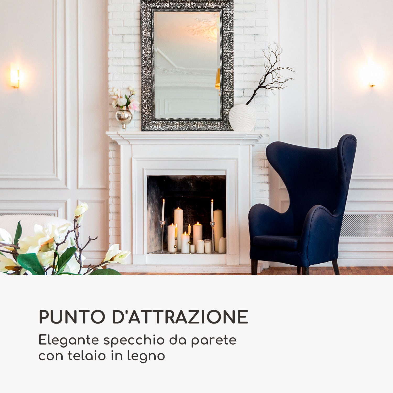 Manresa specchio da parete, cornice di legno, rettangolare, 90 x 60 cm, vintage  Argento