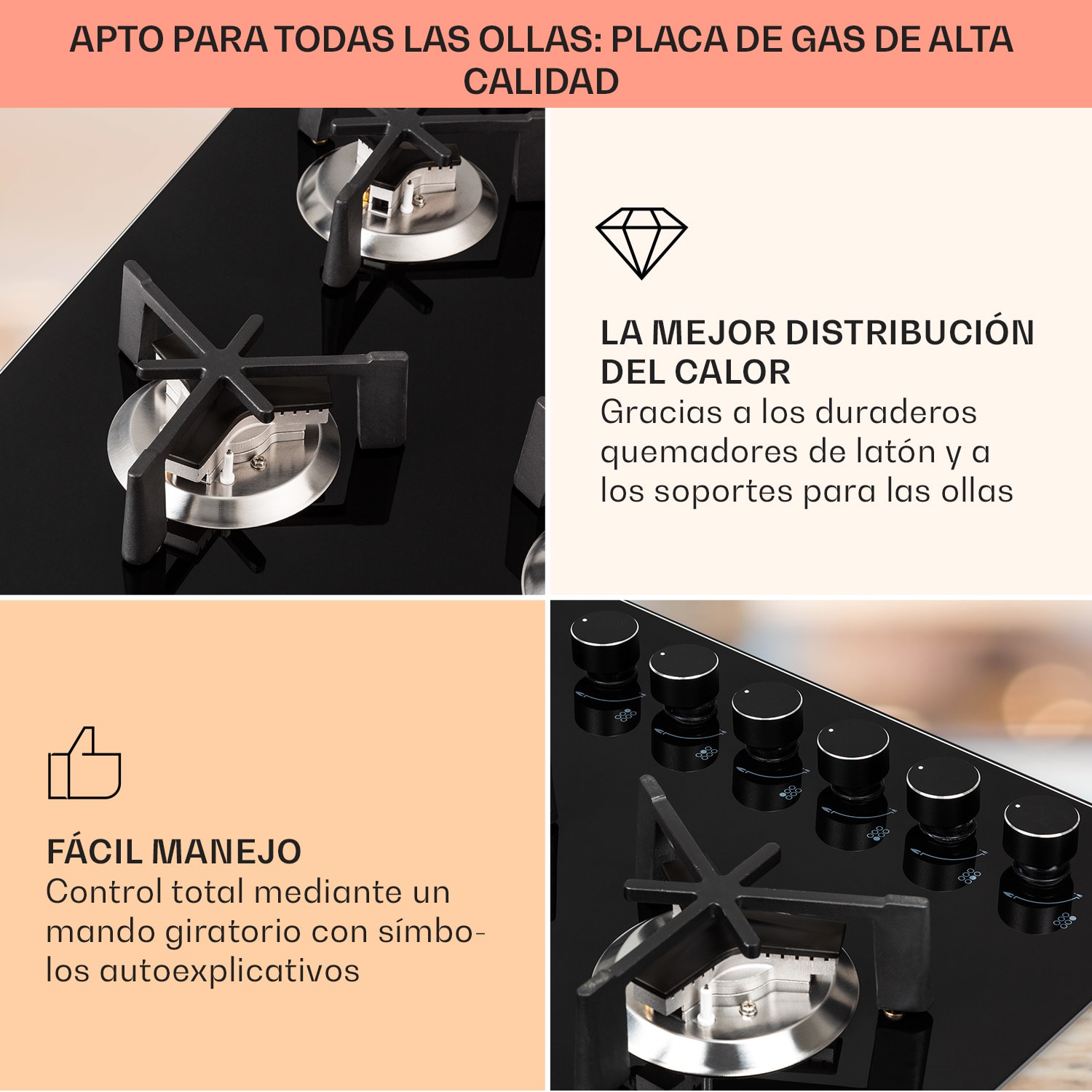 Trifecta 6 Placa de gas de 6 quemadores de alta potencia, normales y auxiliares  