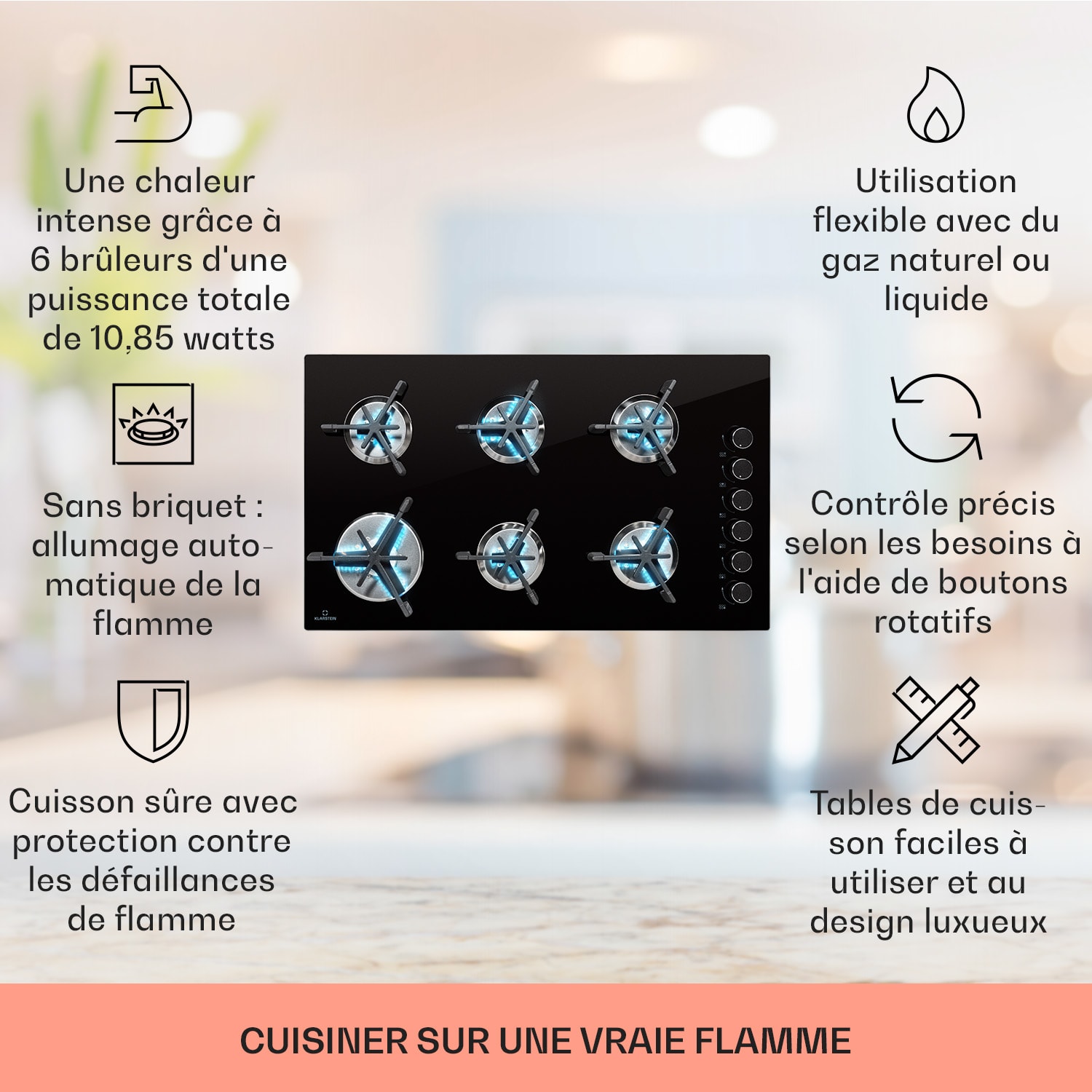 Trifecta 6 Plaque de cuisson à gaz 6 feux brûleur rapide normal et auxiliaire vitrocéramique  