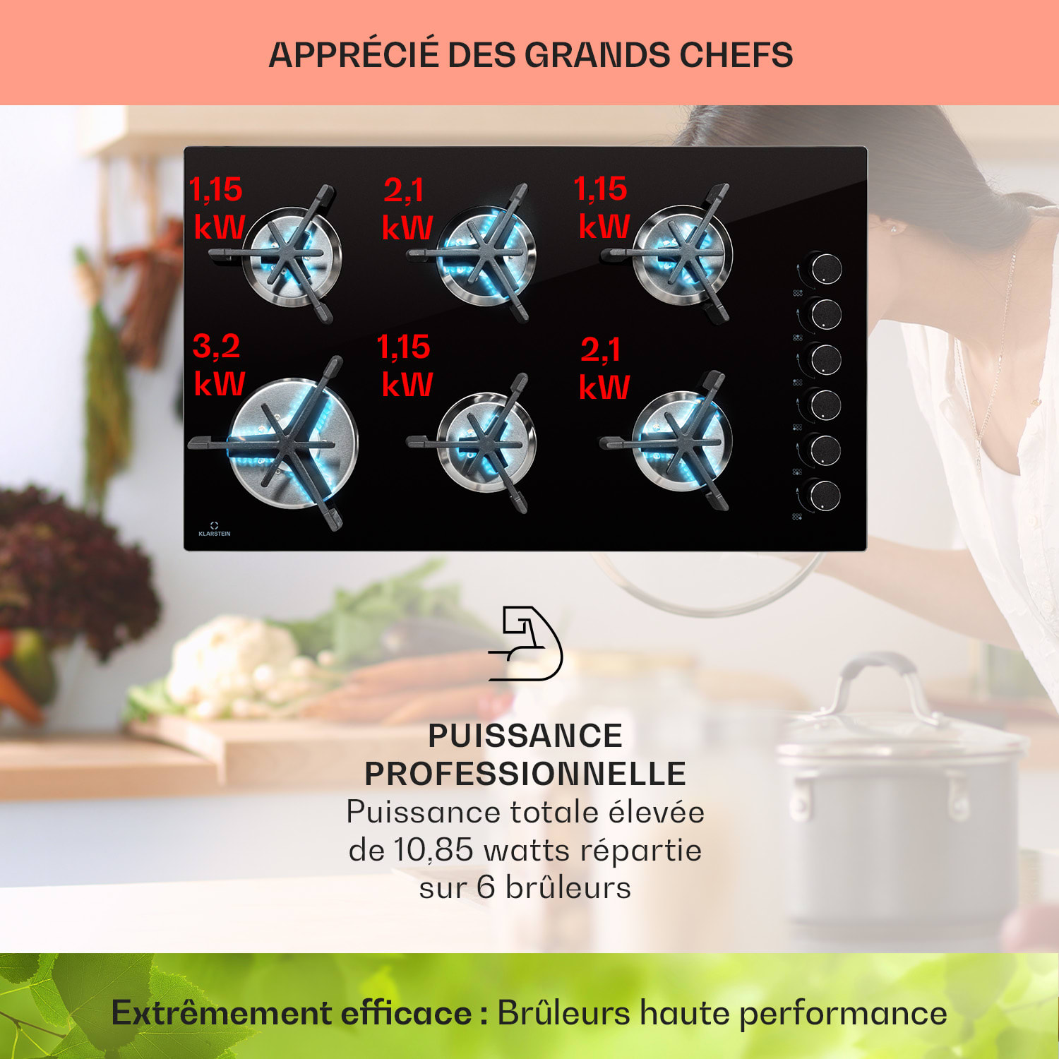 Trifecta 6 Plaque de cuisson à gaz 6 feux brûleur rapide normal et auxiliaire vitrocéramique  