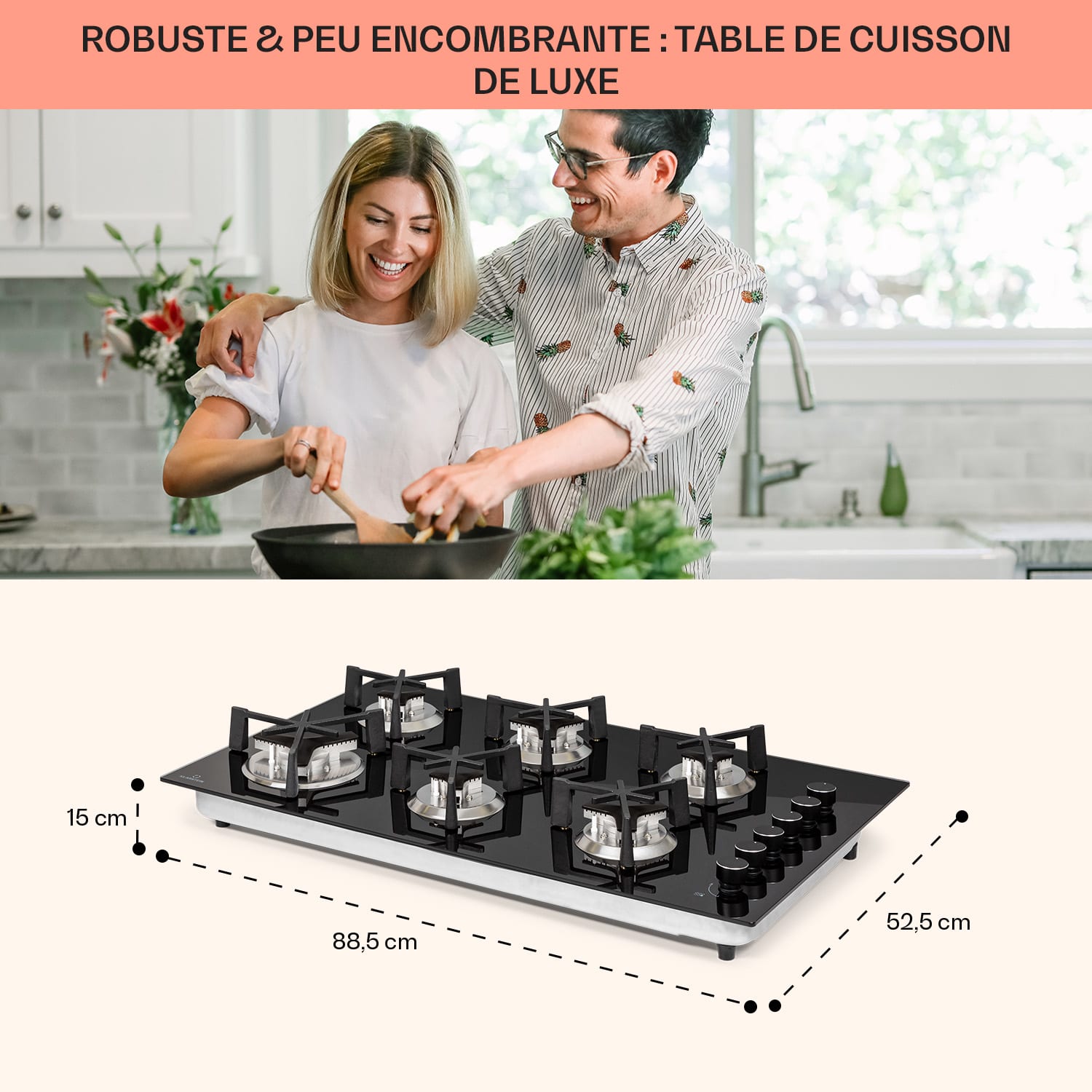 Trifecta 6 Plaque de cuisson à gaz 6 feux brûleur rapide normal et auxiliaire vitrocéramique  